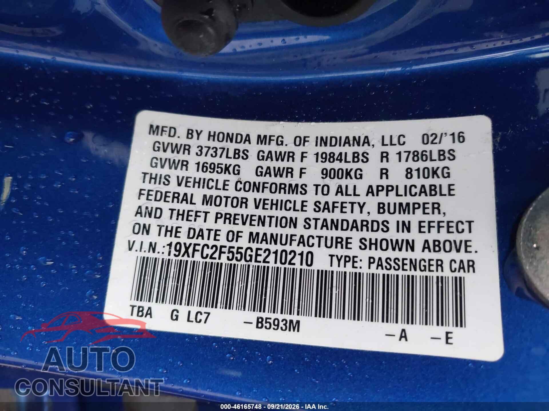 HONDA CIVIC 2016 - 19XFC2F55GE210210