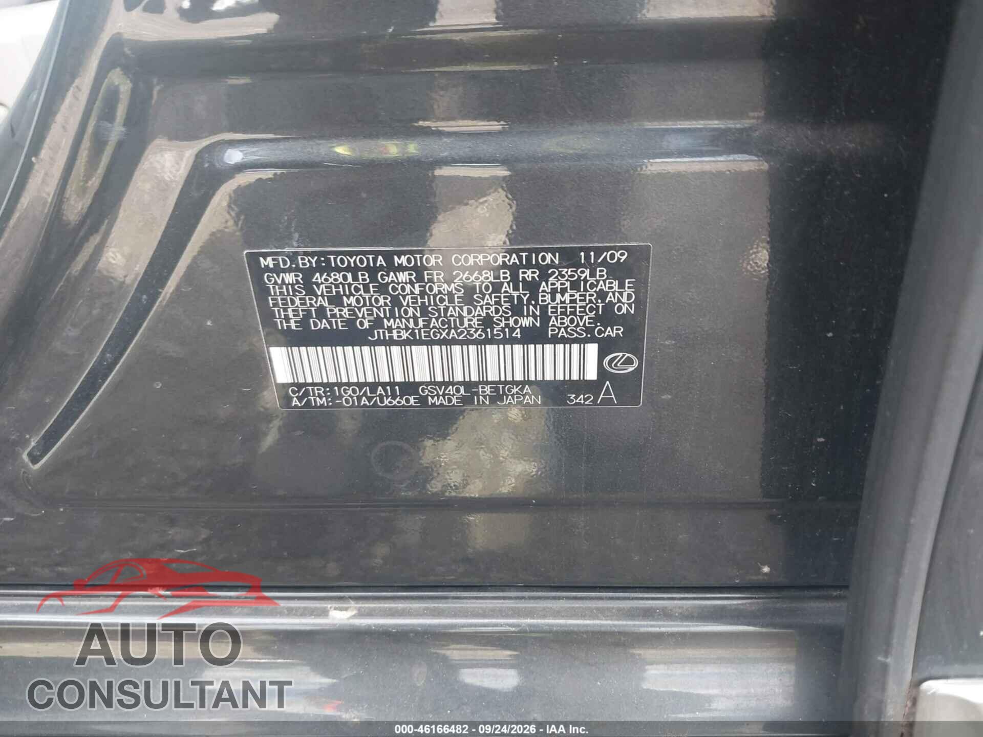 LEXUS ES 350 2010 - JTHBK1EGXA2361514