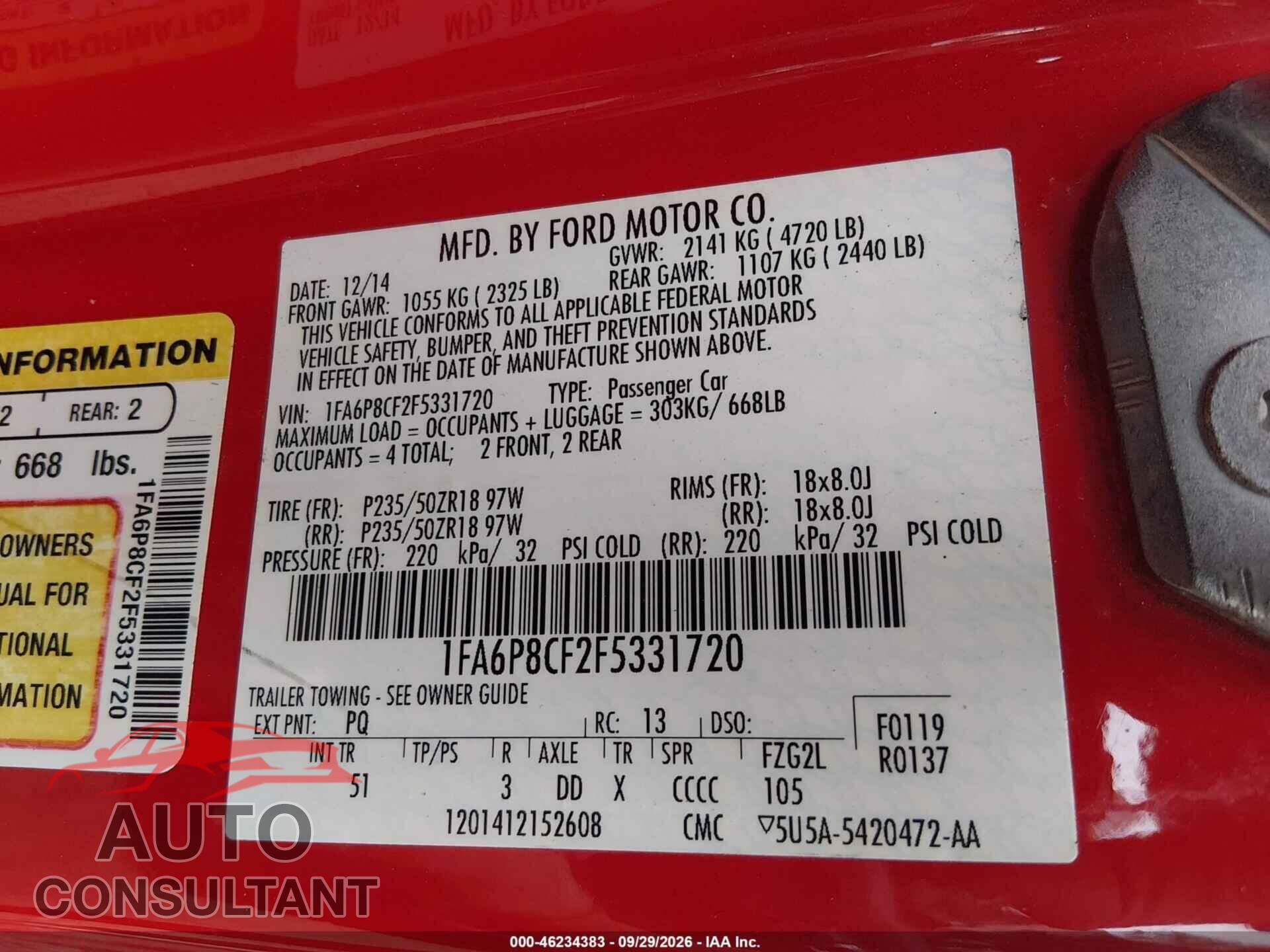 FORD MUSTANG 2015 - 1FA6P8CF2F5331720