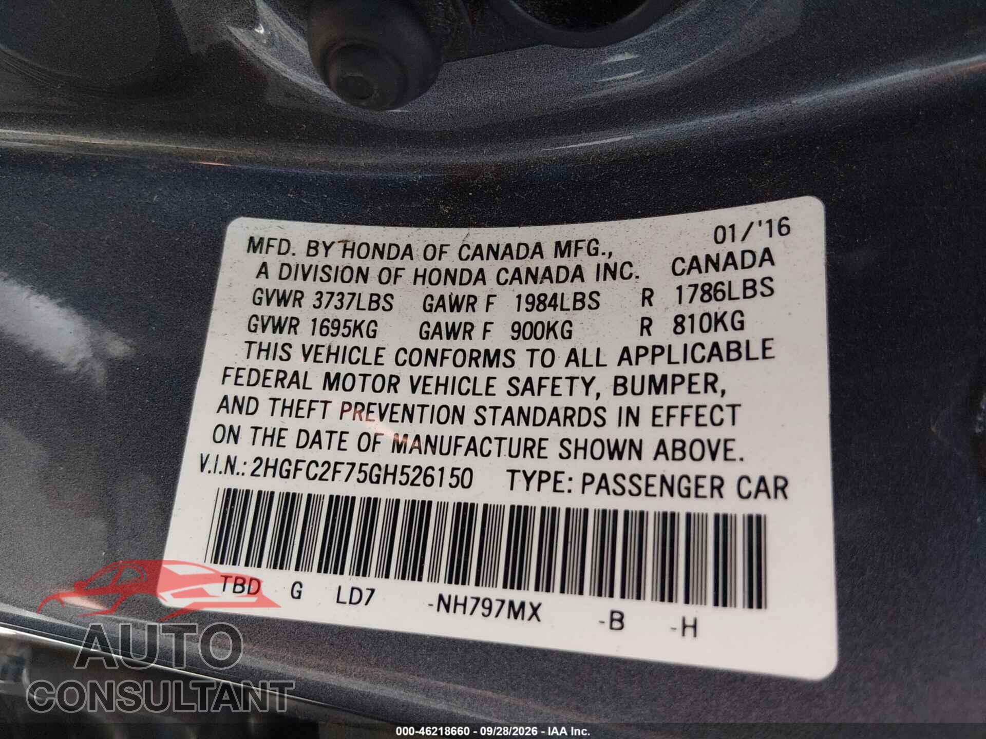 HONDA CIVIC 2016 - 2HGFC2F75GH526150