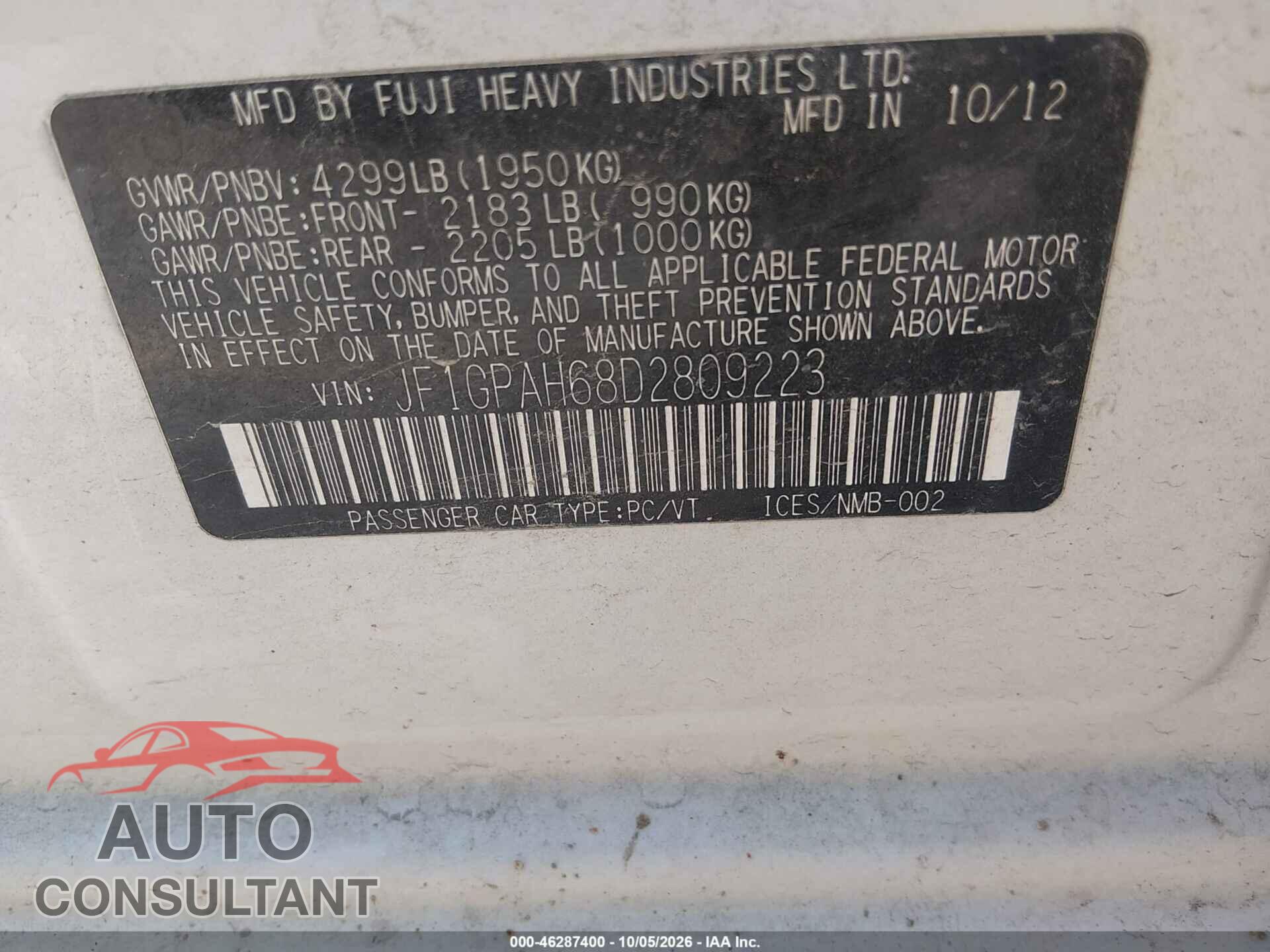 SUBARU IMPREZA 2013 - JF1GPAH68D2809223