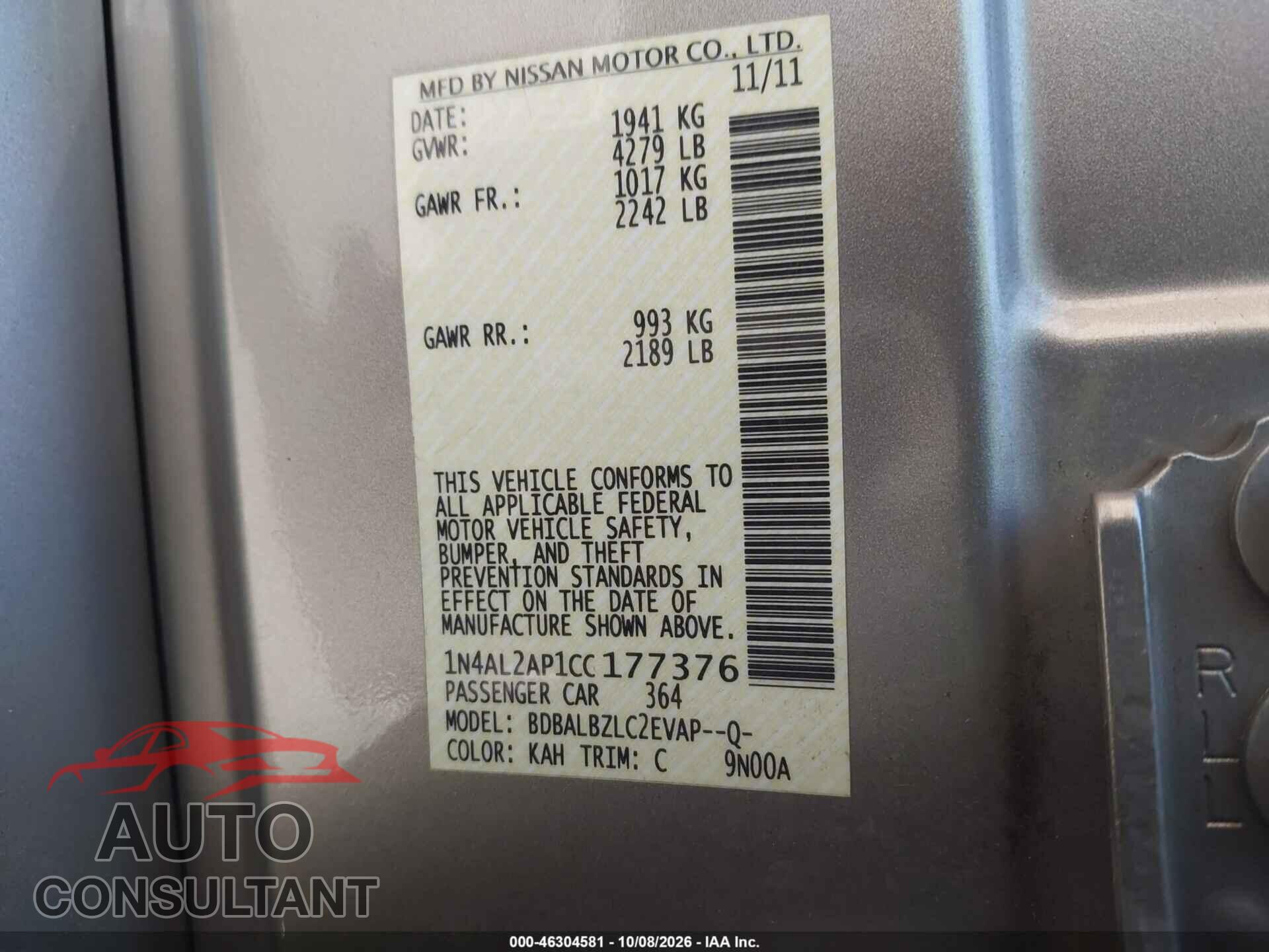 NISSAN ALTIMA 2012 - 1N4AL2AP1CC177376