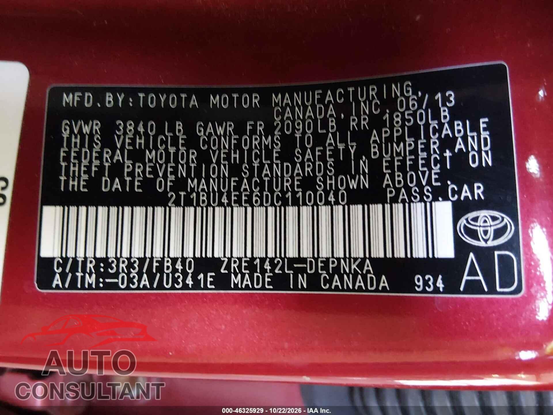 TOYOTA COROLLA 2013 - 2T1BU4EE6DC110040
