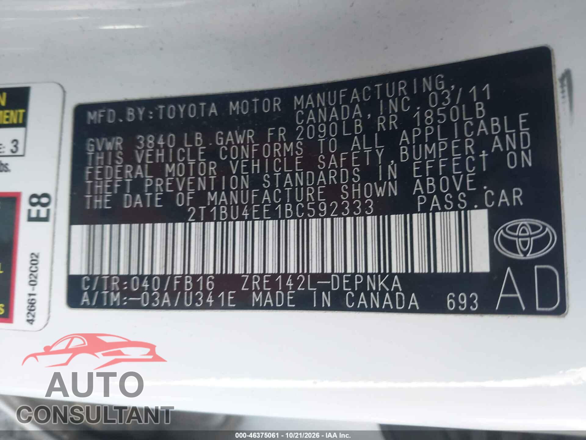 TOYOTA COROLLA 2011 - 2T1BU4EE1BC592333