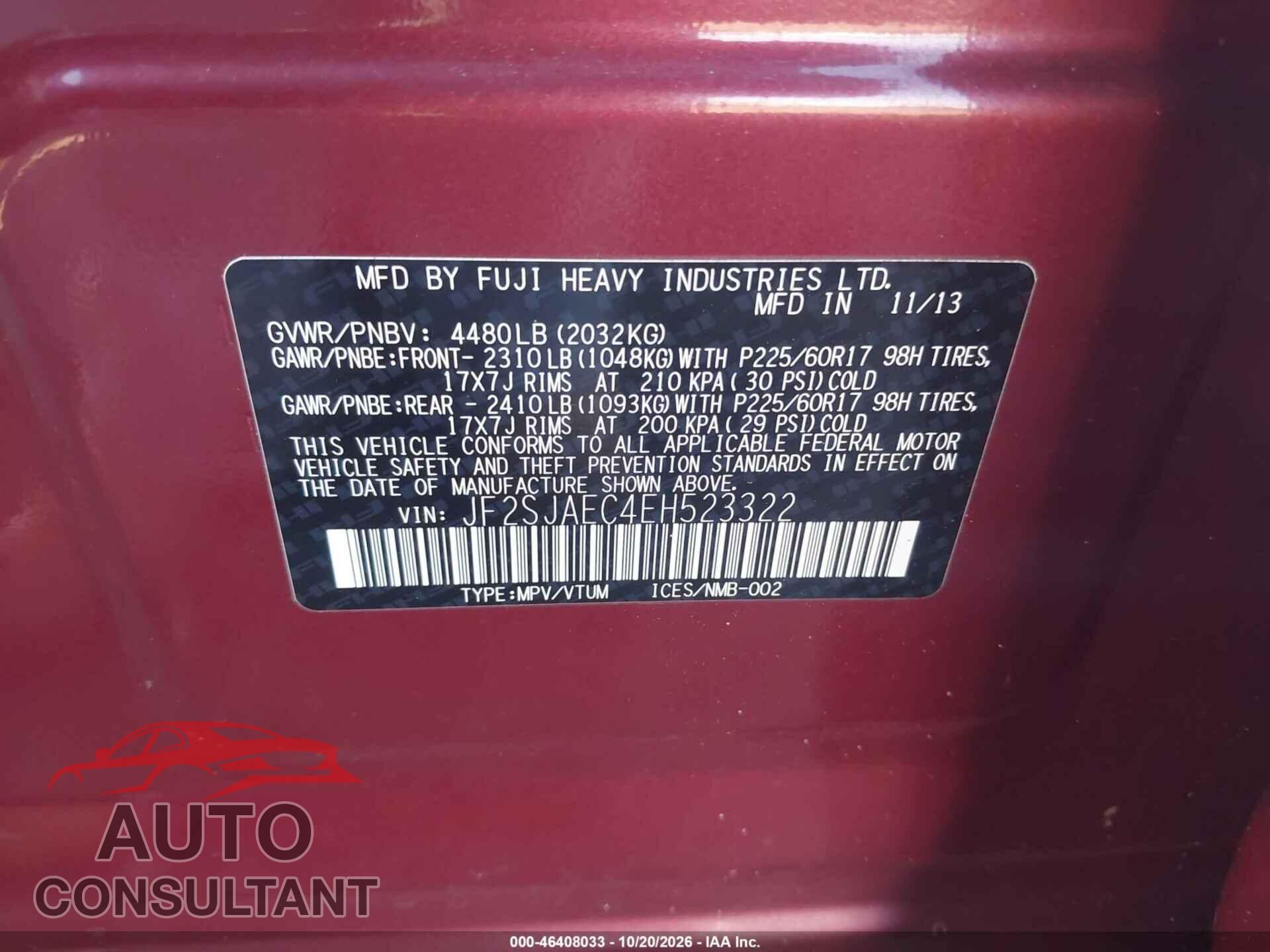 SUBARU FORESTER 2014 - JF2SJAEC4EH523322