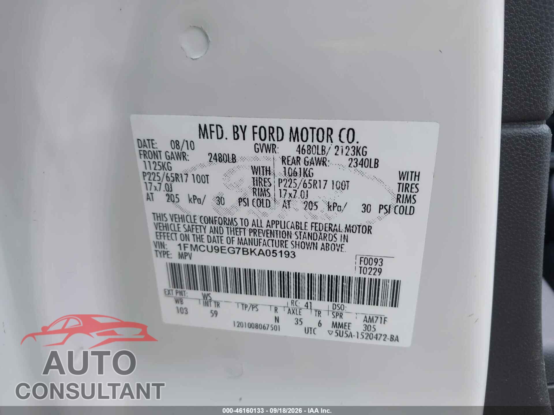 FORD ESCAPE 2011 - 1FMCU9EG7BKA05193