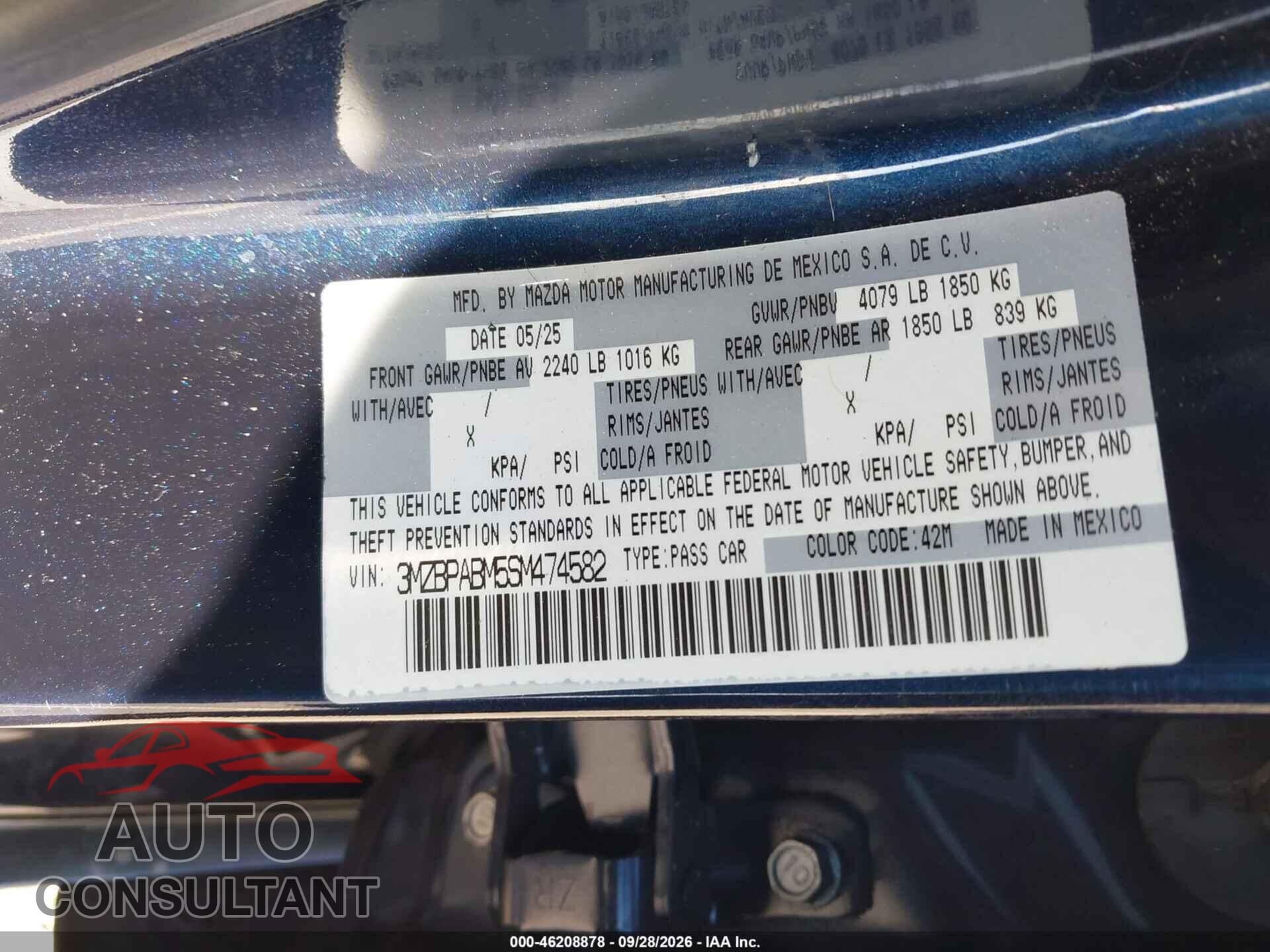MAZDA MAZDA3 2025 - 3MZBPABM5SM474582