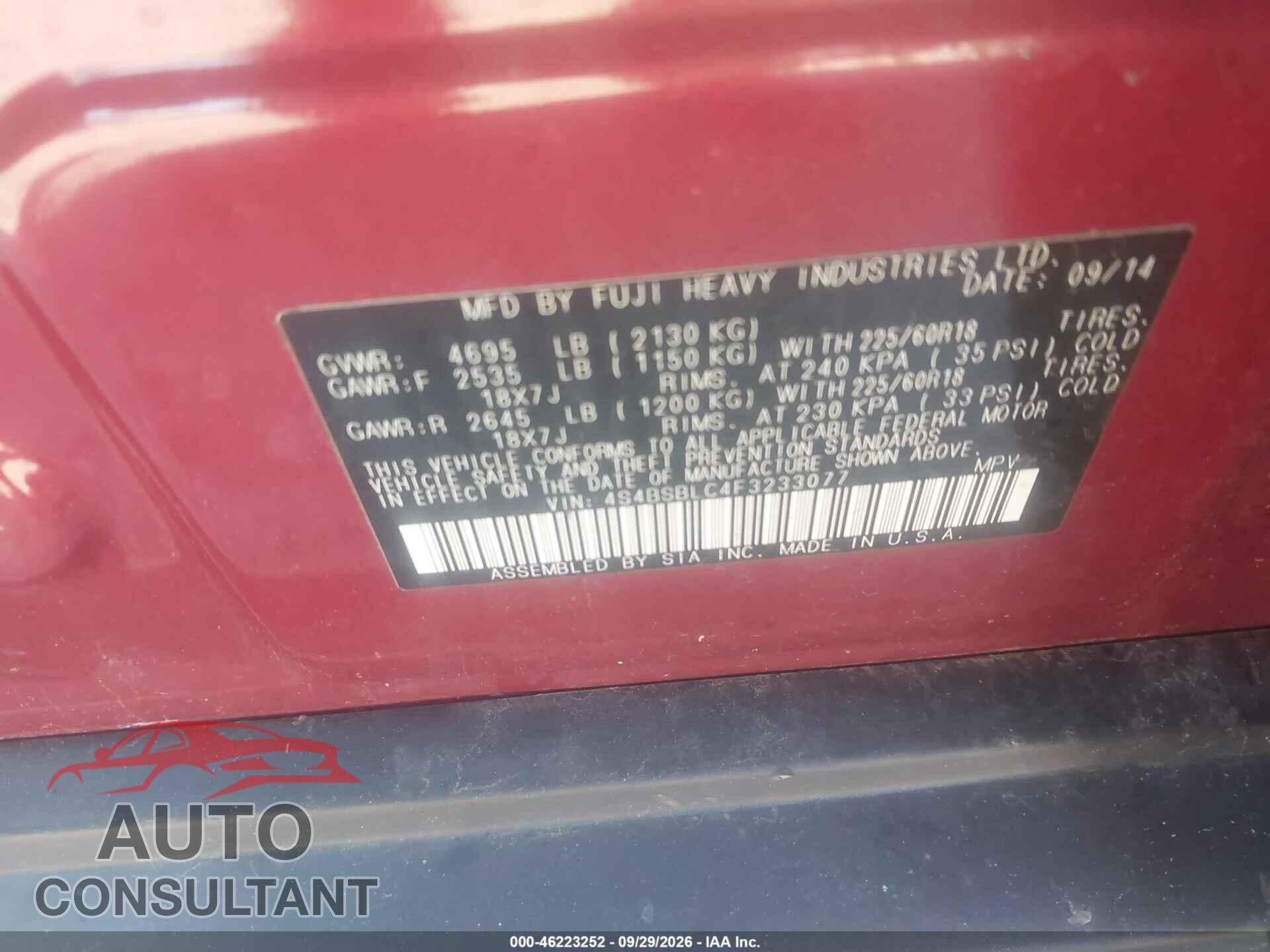 SUBARU OUTBACK 2015 - 4S4BSBLC4F3233077