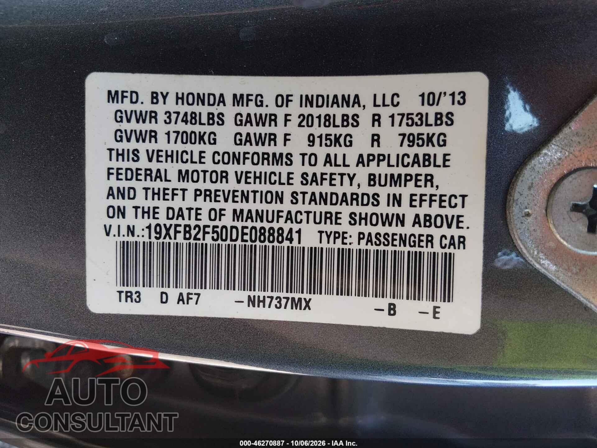 HONDA CIVIC 2013 - 19XFB2F50DE088841