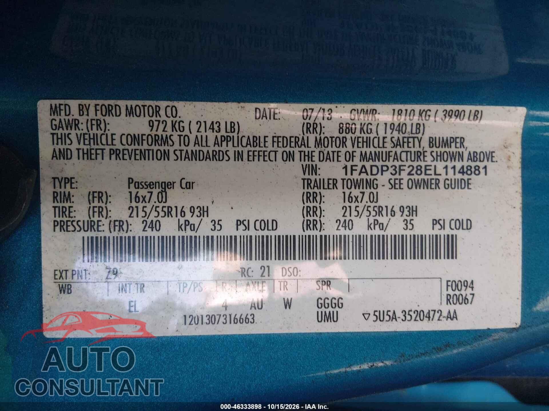 FORD FOCUS 2014 - 1FADP3F28EL114881