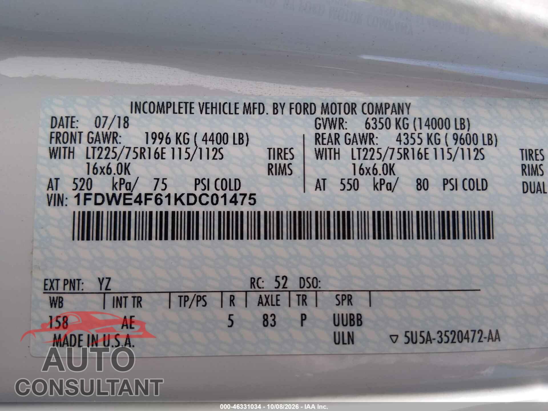 FORD E-450 CUTAWAY 2019 - 1FDWE4F61KDC01475