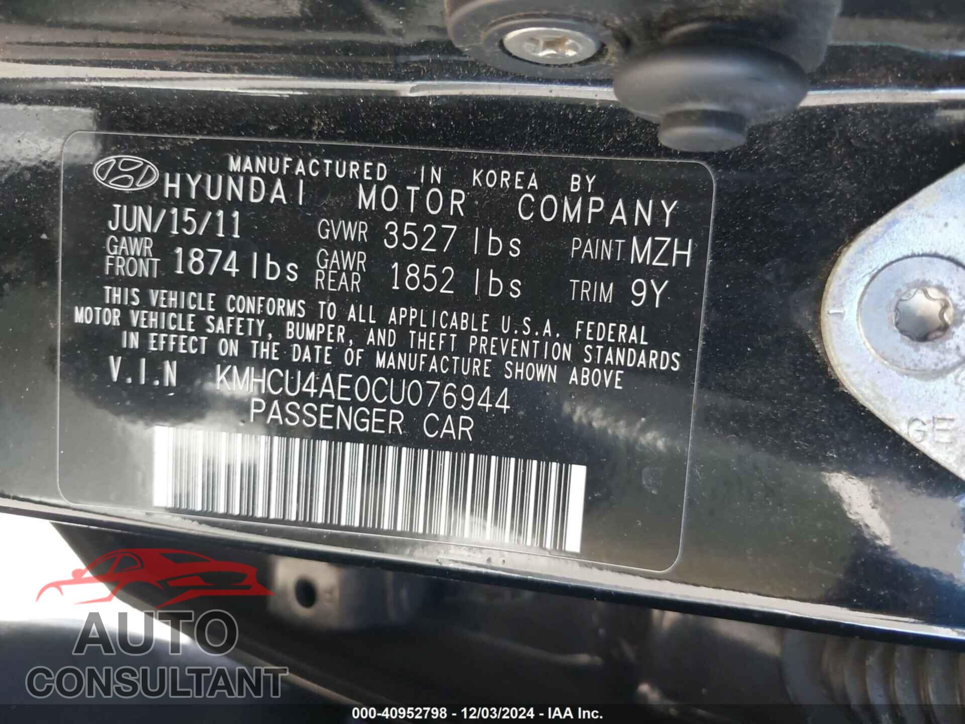 HYUNDAI ACCENT 2012 - KMHCU4AE0CU076944