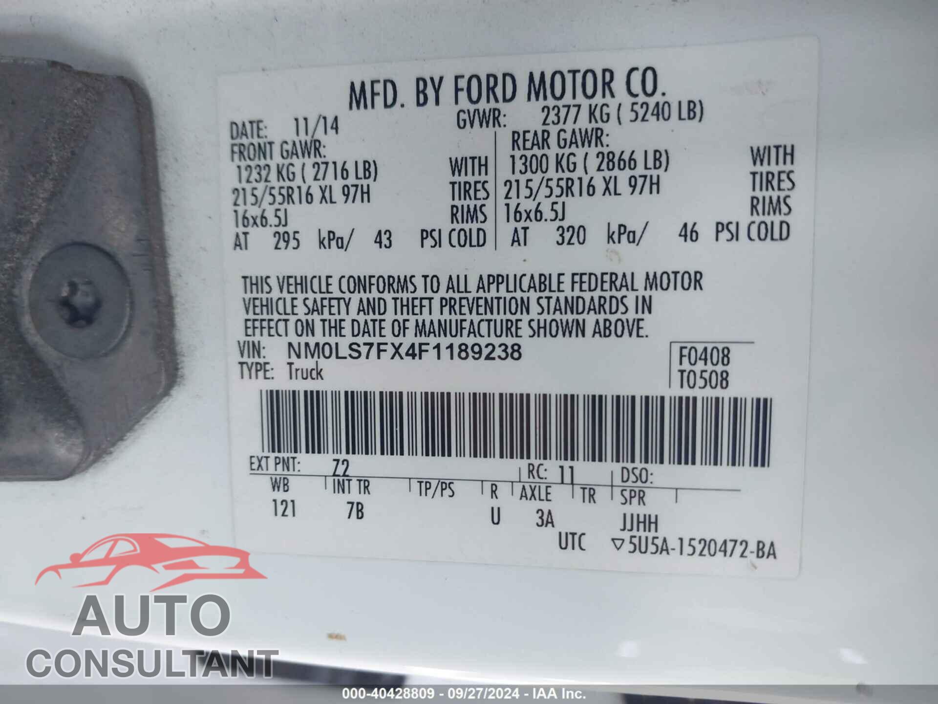 FORD TRANSIT CONNECT 2015 - NM0LS7FX4F1189238