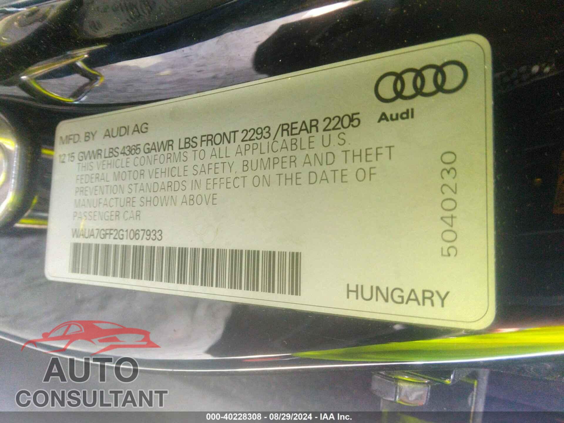 AUDI A3 2016 - WAUA7GFF2G1067933