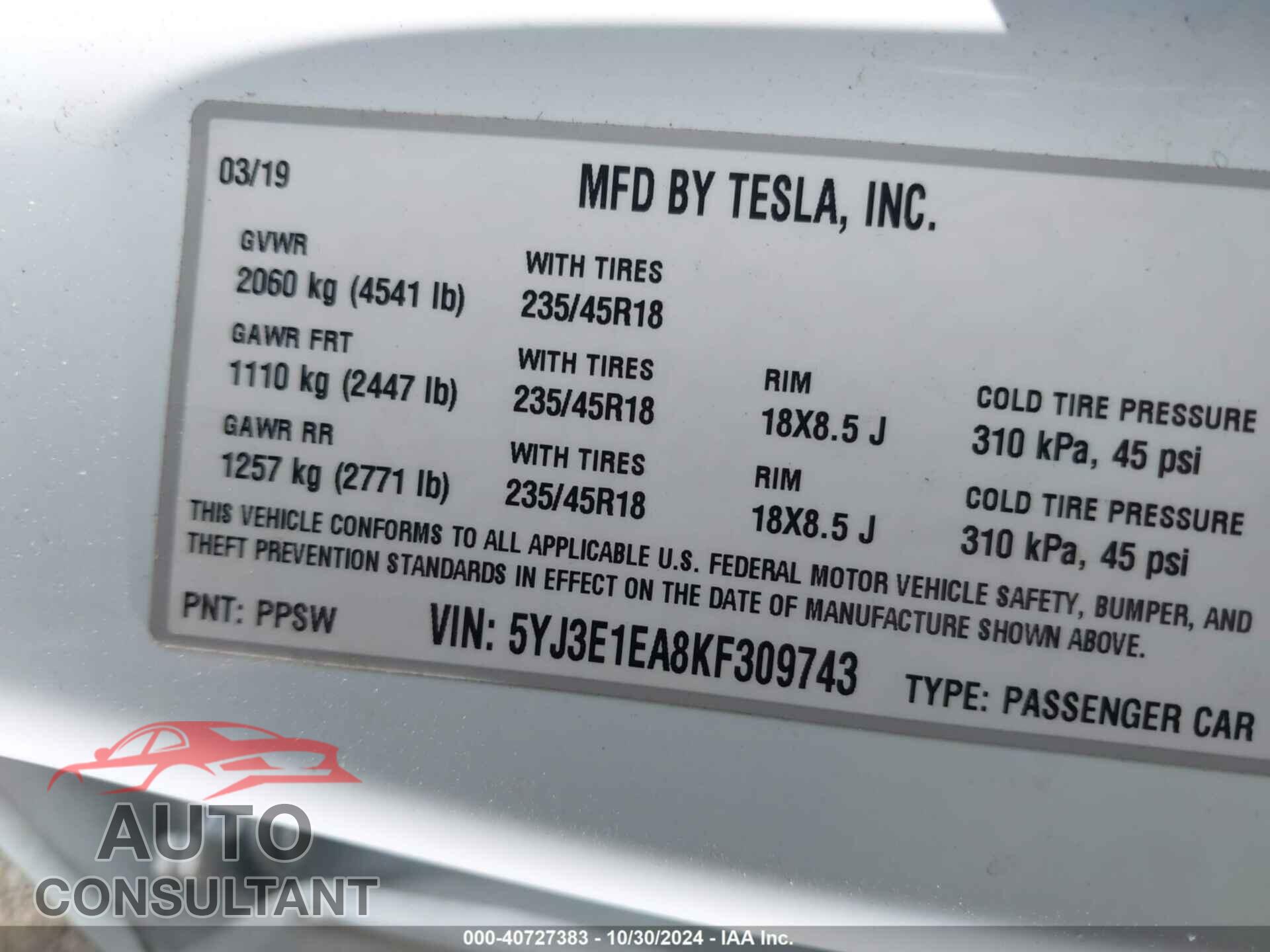 TESLA MODEL 3 2019 - 5YJ3E1EA8KF309743