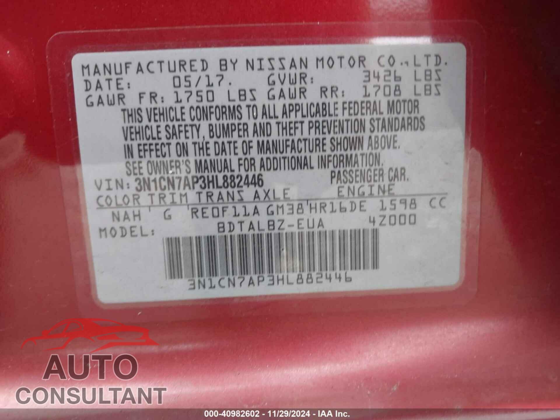 NISSAN VERSA 2017 - 3N1CN7AP3HL882446