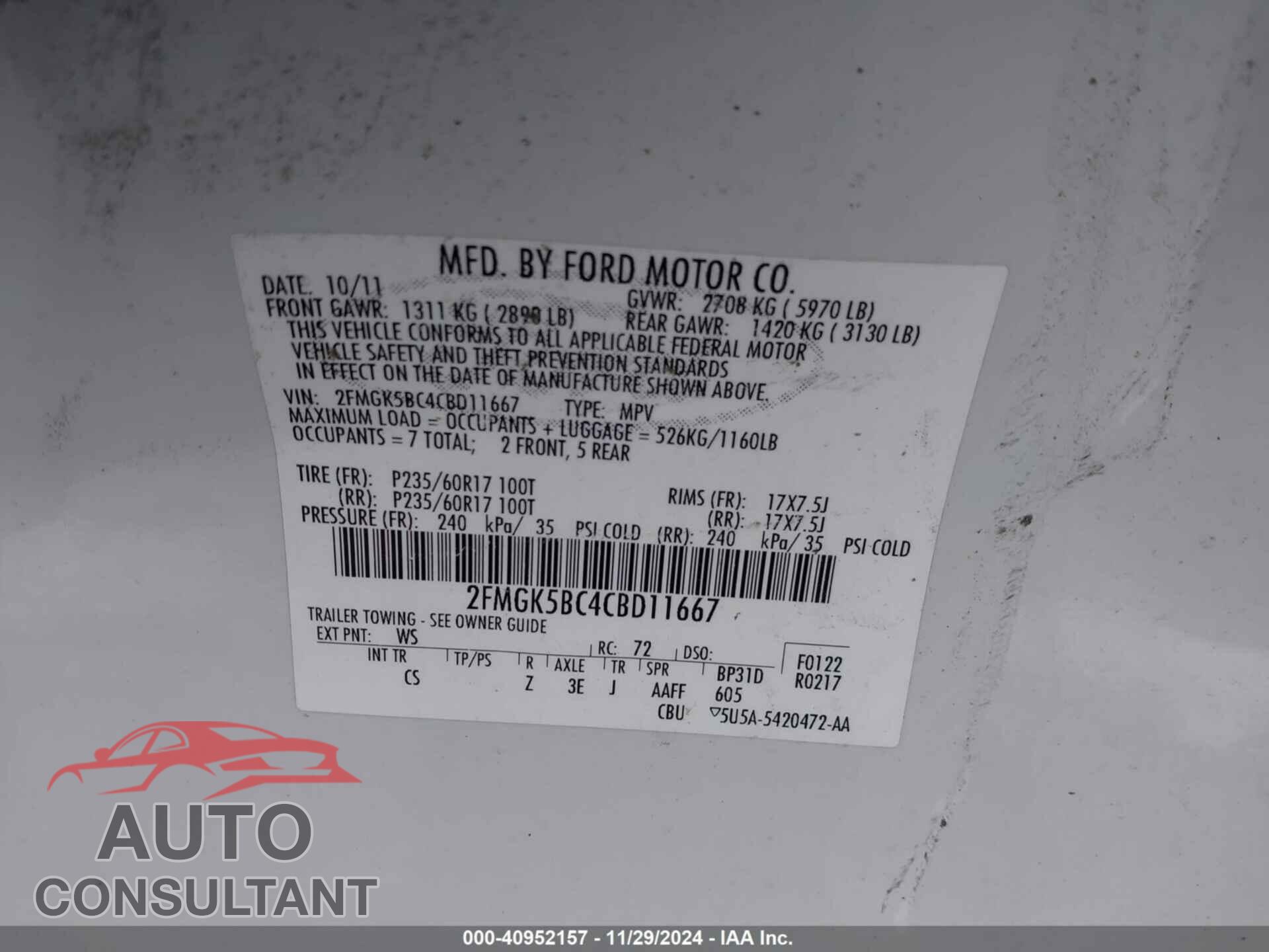 FORD FLEX 2012 - 2FMGK5BC4CBD11667