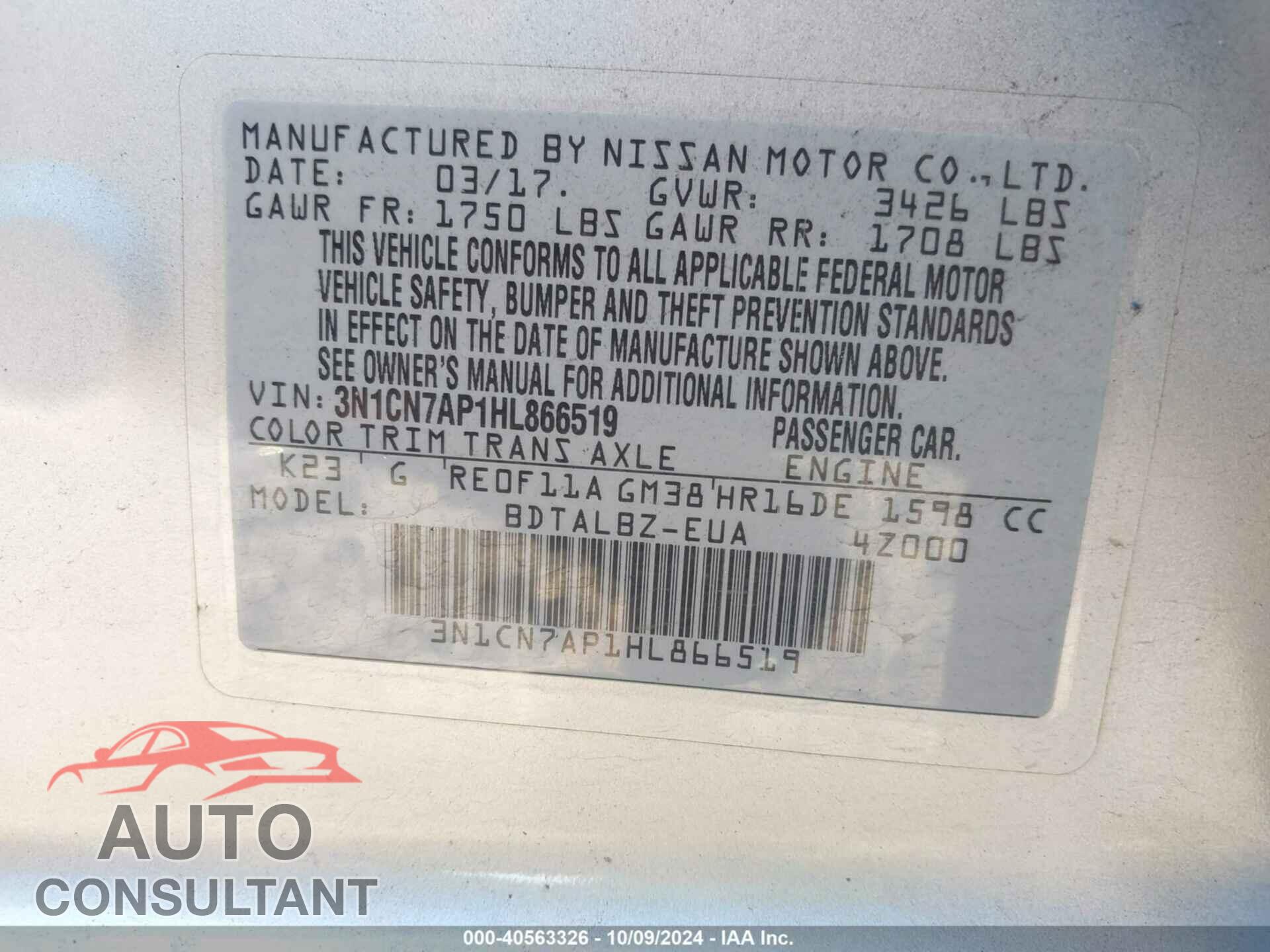 NISSAN VERSA 2017 - 3N1CN7AP1HL866519
