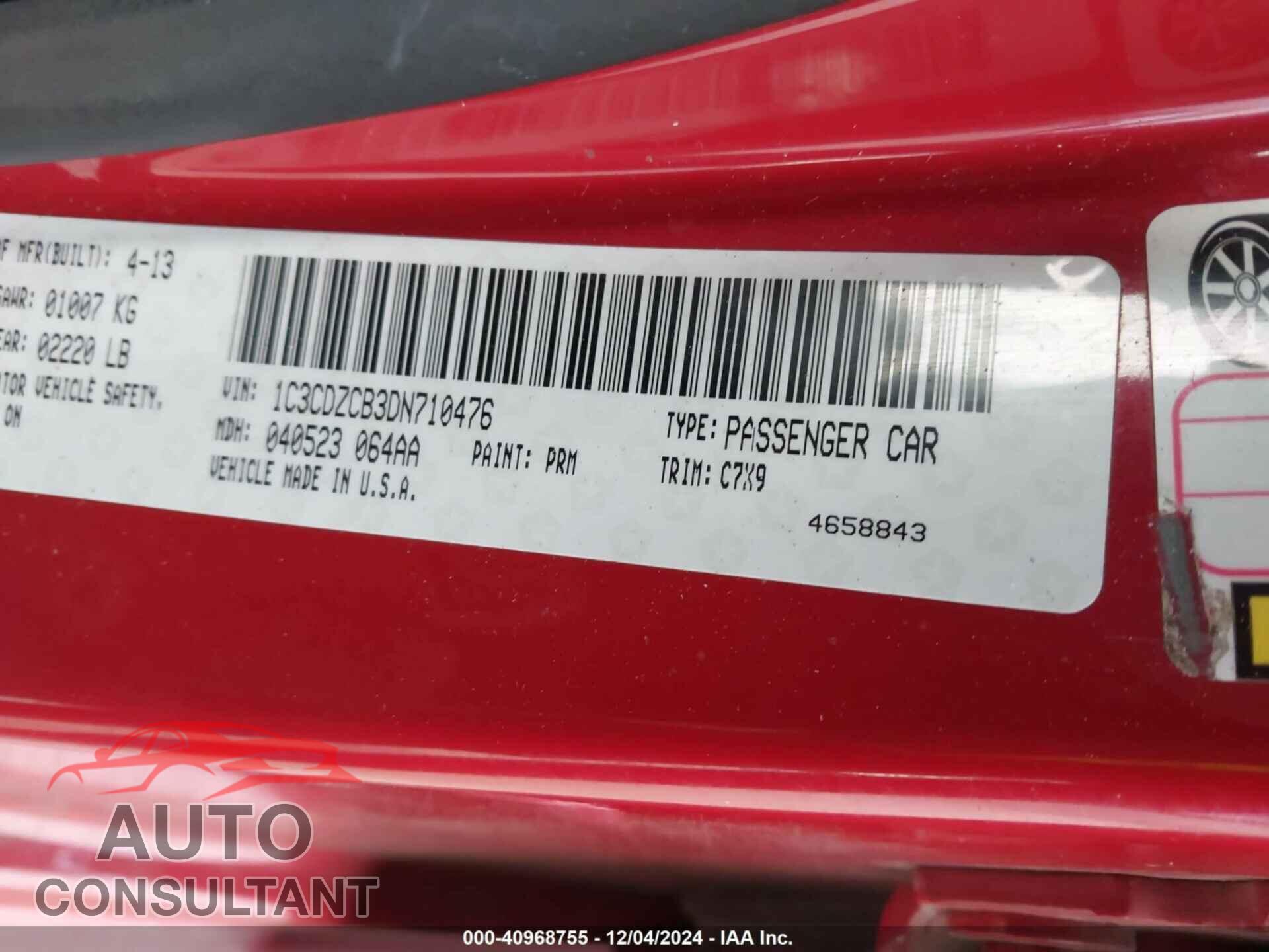 DODGE AVENGER 2013 - 1C3CDZCB3DN710476