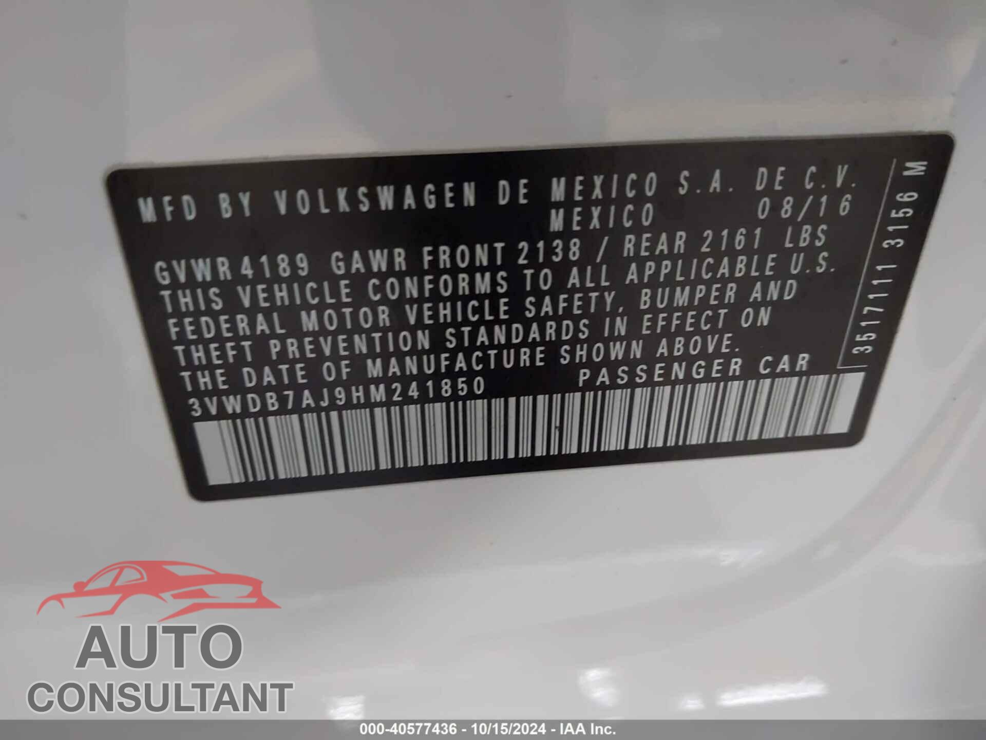 VOLKSWAGEN JETTA 2017 - 3VWDB7AJ9HM241850