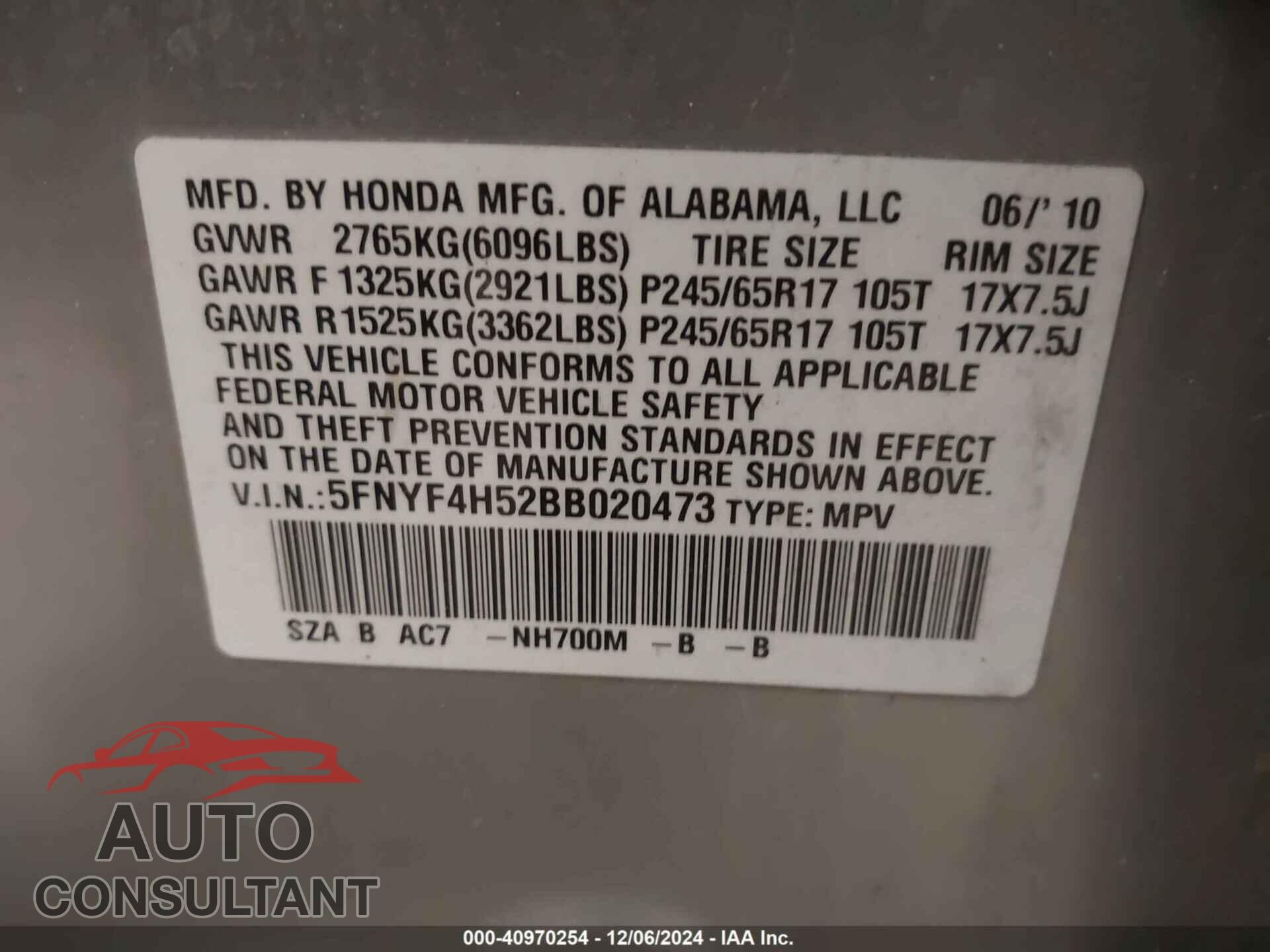 HONDA PILOT 2011 - 5FNYF4H52BB020473