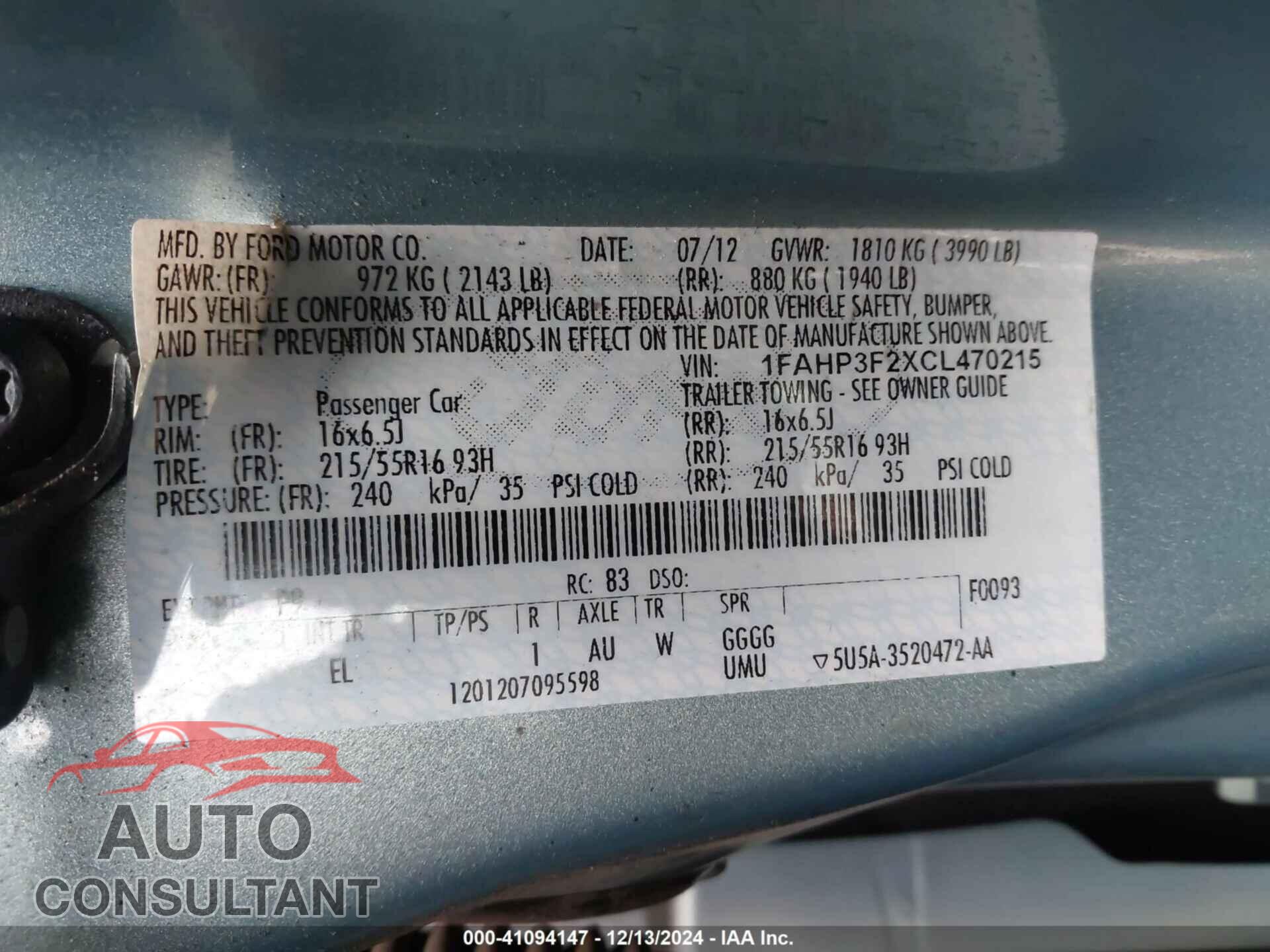 FORD FOCUS 2012 - 1FAHP3F2XCL470215