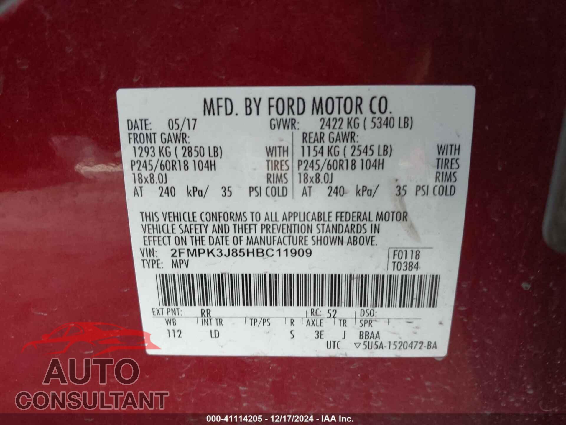 FORD EDGE 2017 - 2FMPK3J85HBC11909