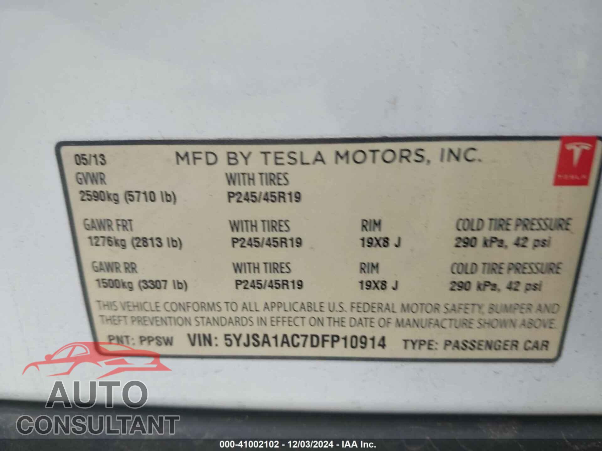 TESLA MODEL S 2013 - 5YJSA1AC7DFP10914