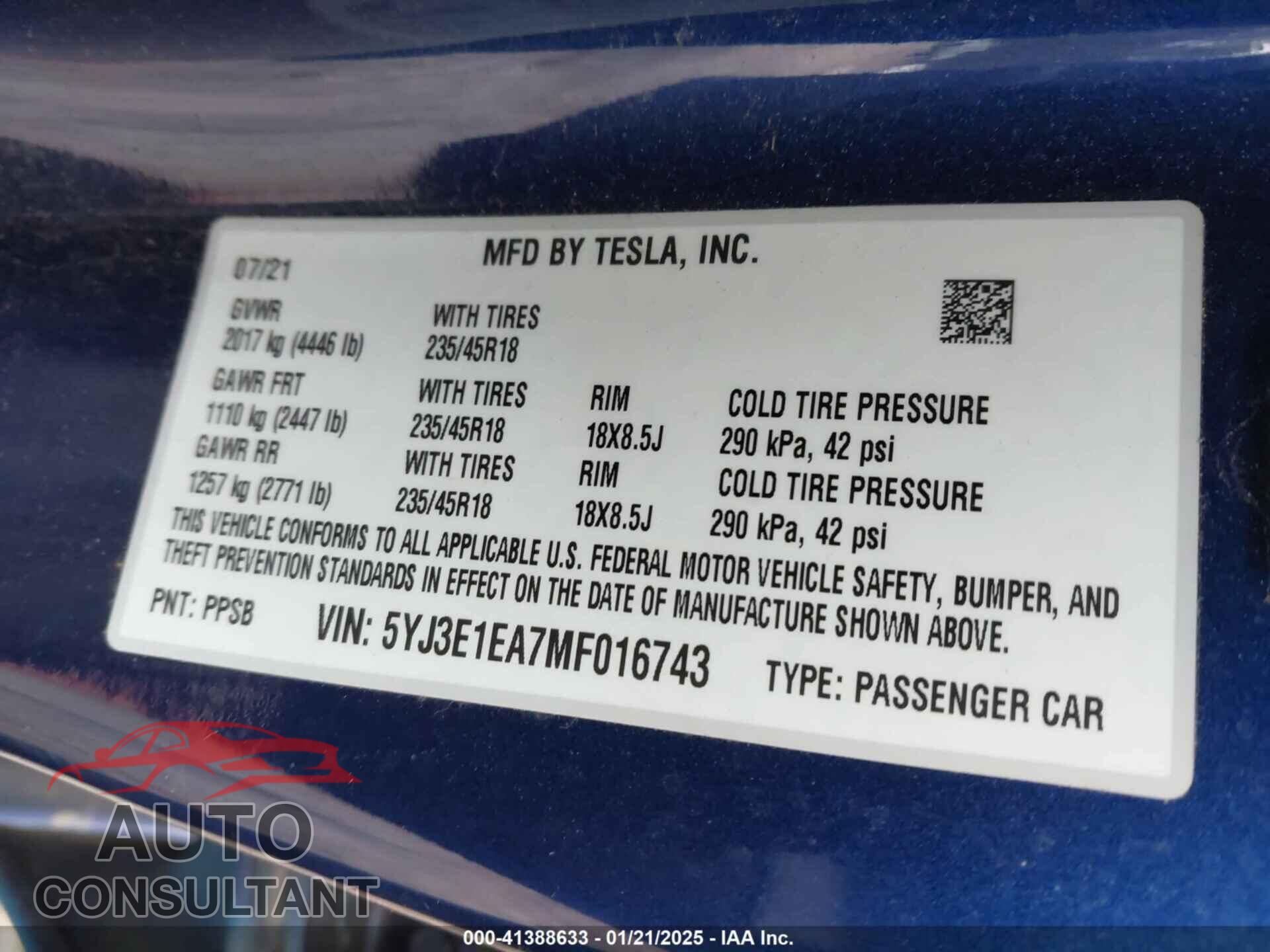 TESLA MODEL 3 2021 - 5YJ3E1EA7MF016743