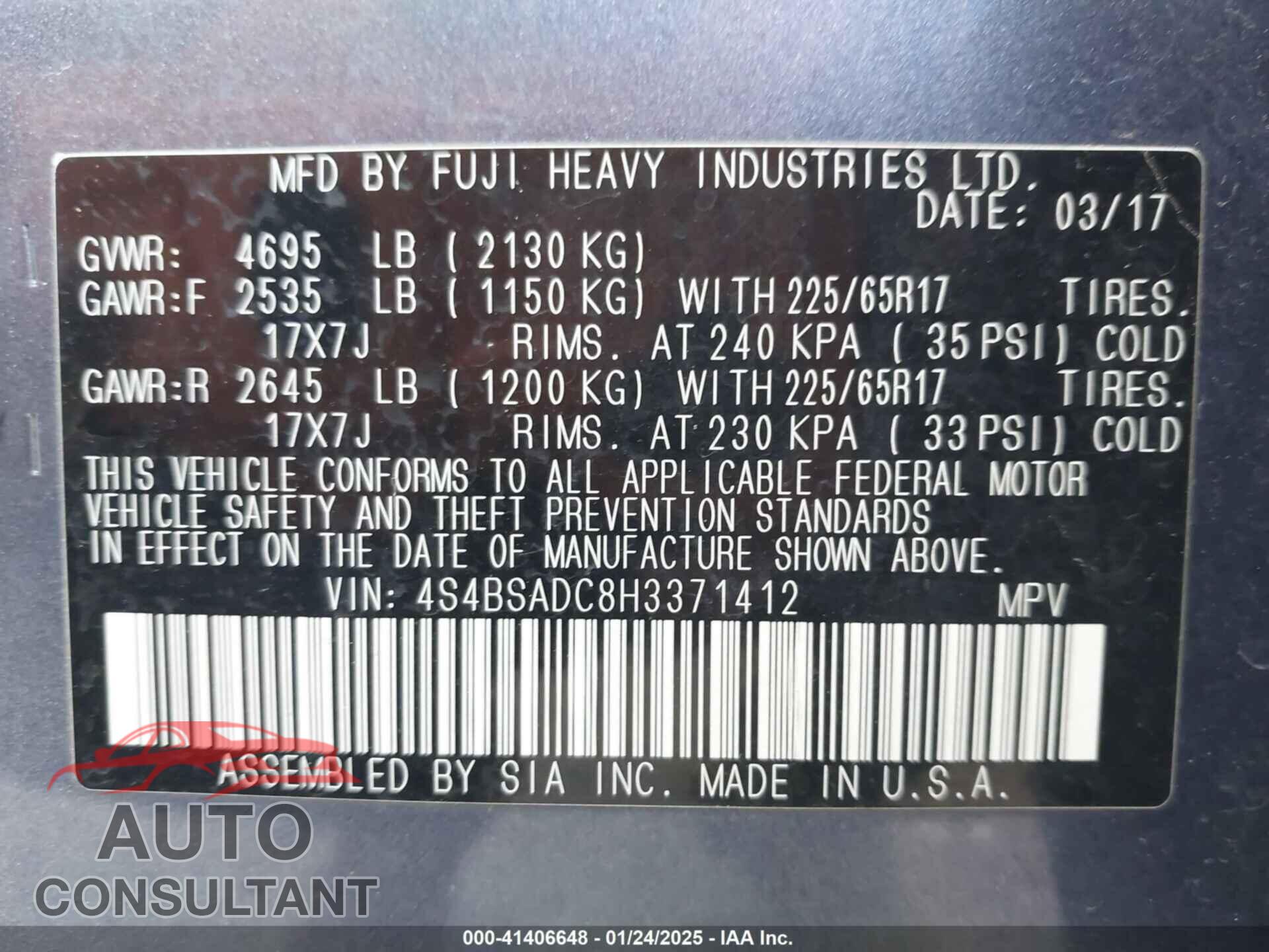 SUBARU OUTBACK 2017 - 4S4BSADC8H3371412