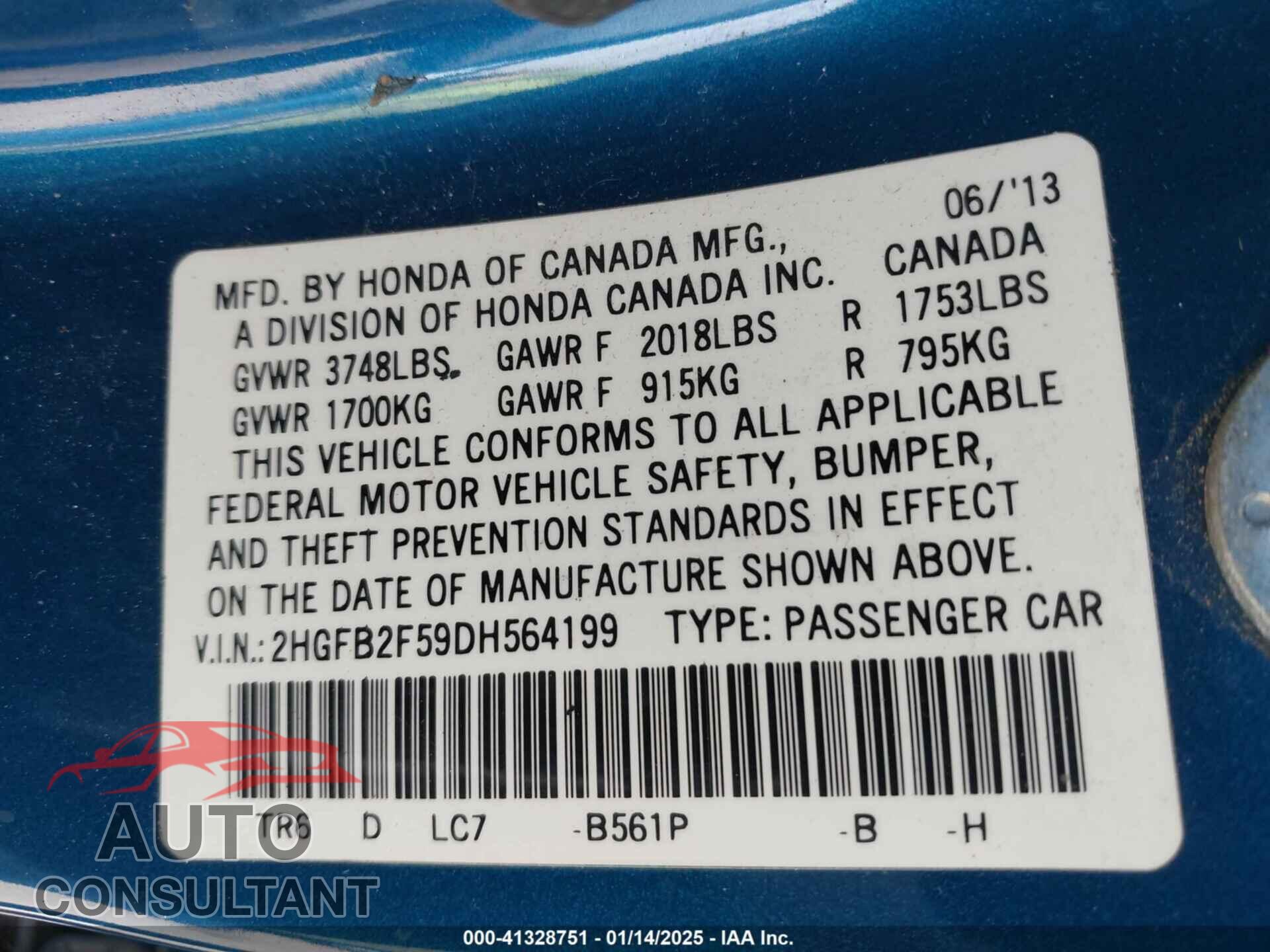 HONDA CIVIC 2013 - 2HGFB2F59DH564199