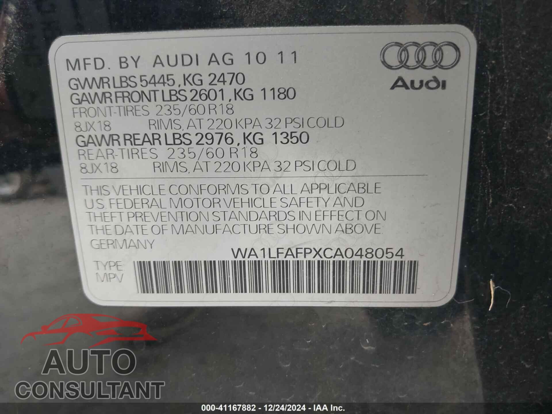 AUDI Q5 2012 - WA1LFAFPXCA048054