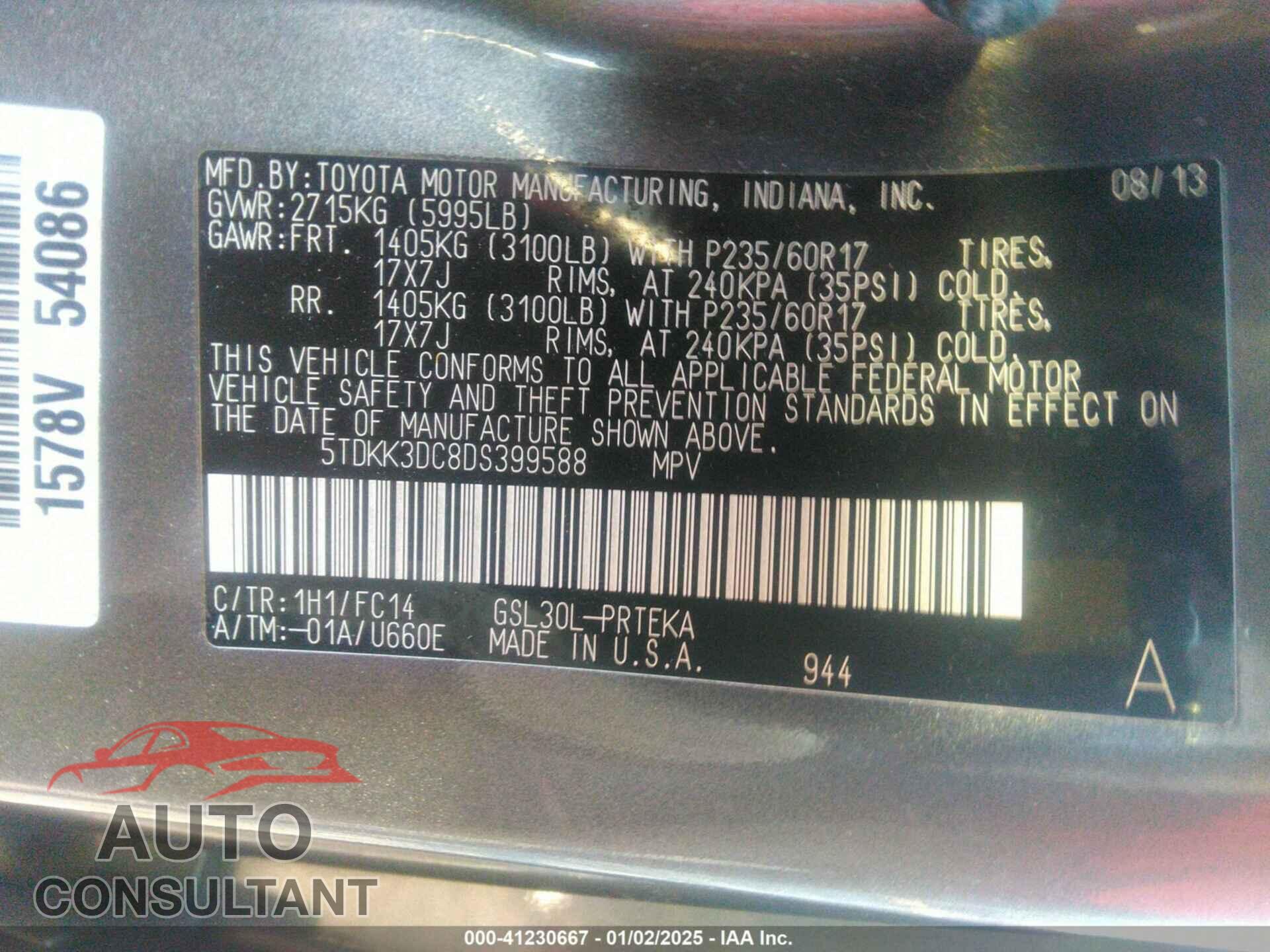 TOYOTA SIENNA 2013 - 5TDKK3DC8DS399588