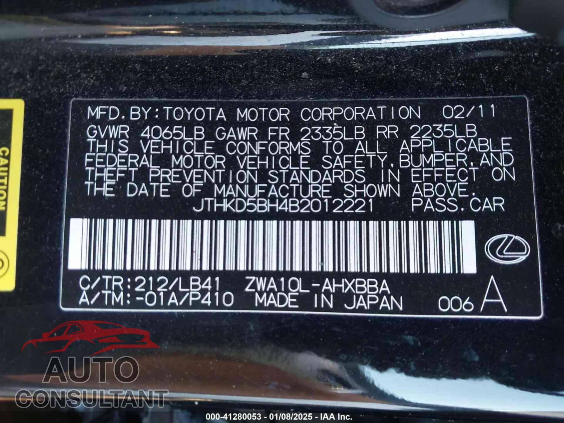 LEXUS CT 200H 2011 - JTHKD5BH4B2012221