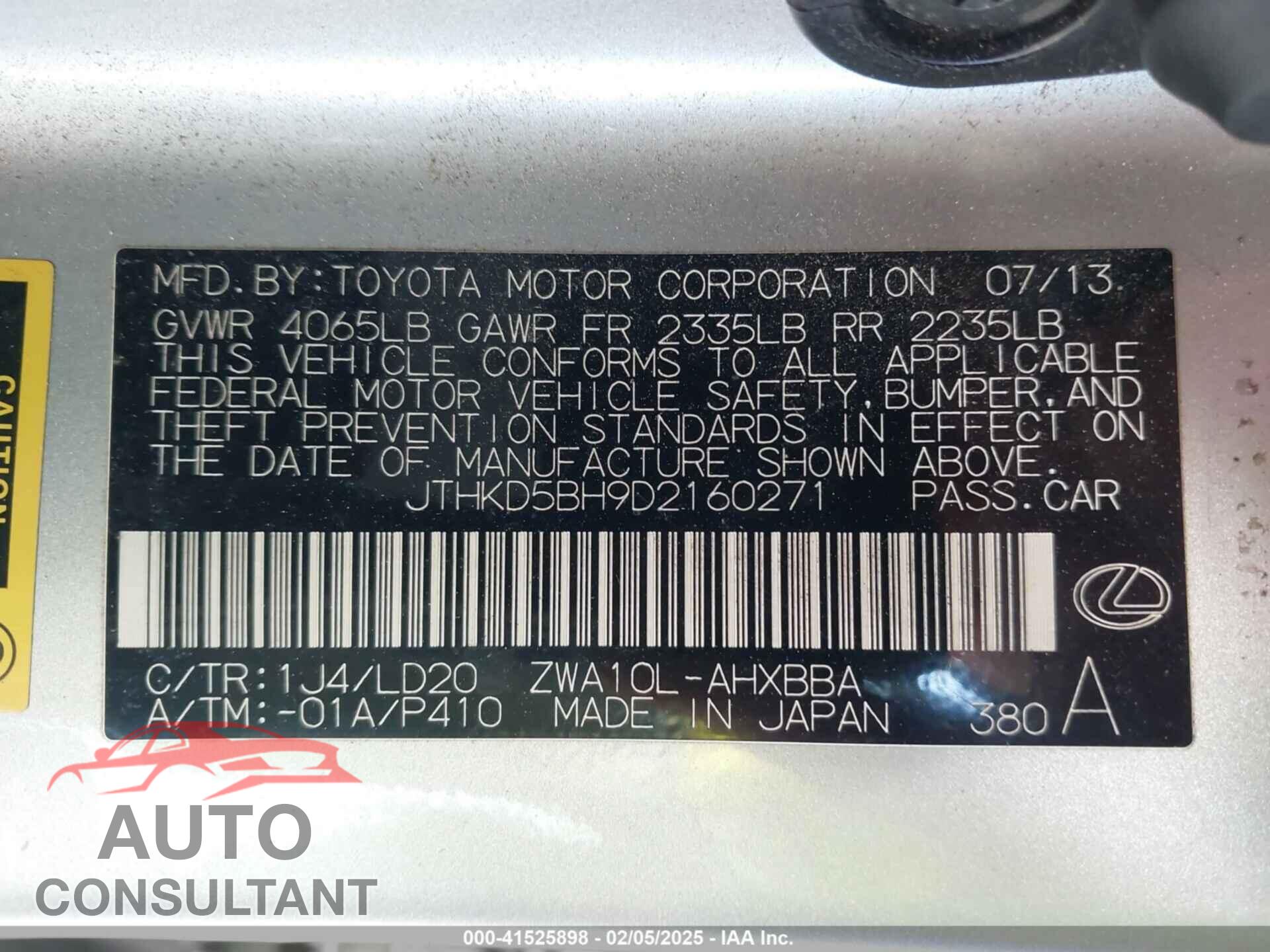 LEXUS CT 200H 2013 - JTHKD5BH9D2160271
