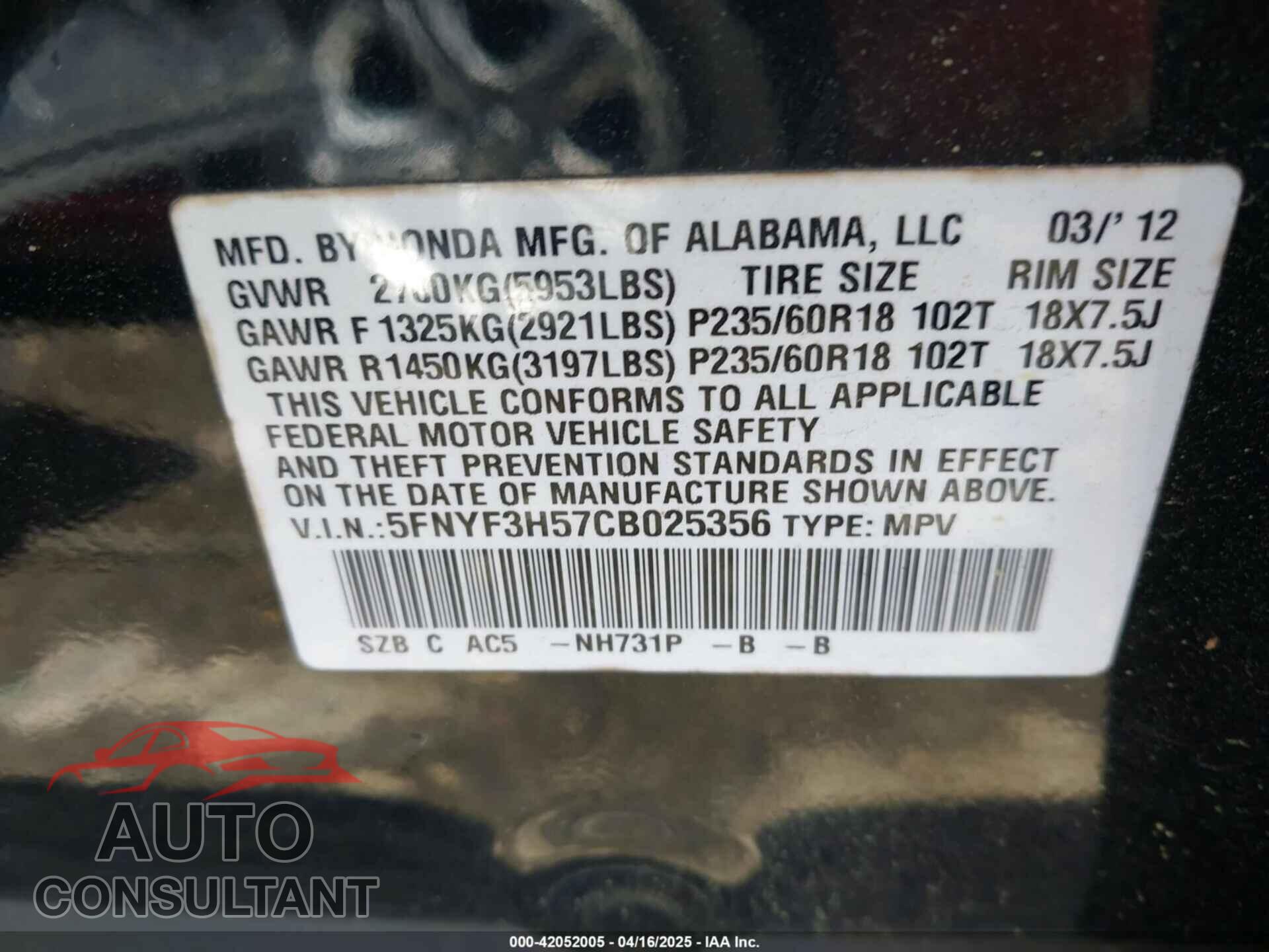 HONDA PILOT 2012 - 5FNYF3H57CB025356