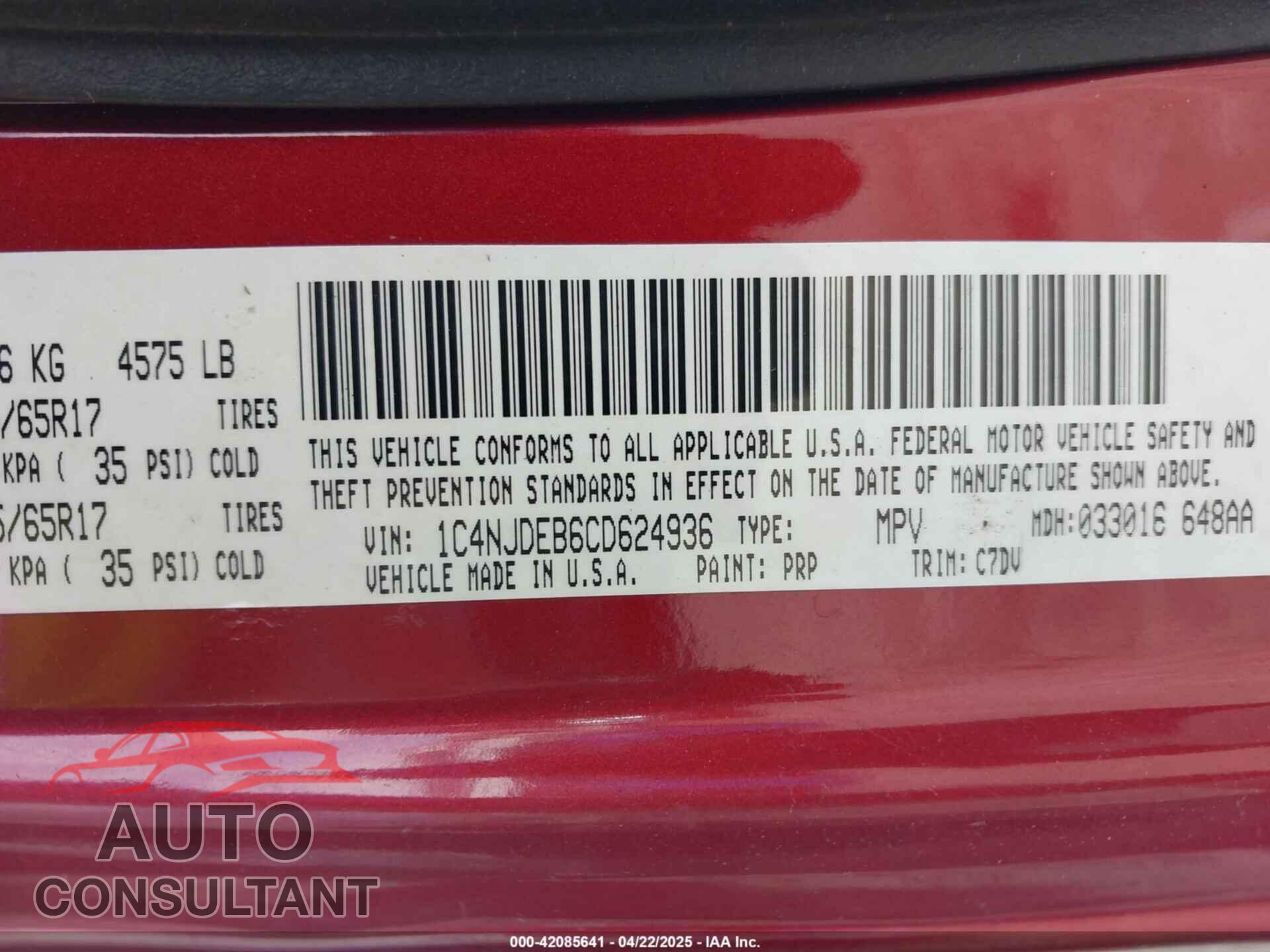 JEEP COMPASS 2012 - 1C4NJDEB6CD624936