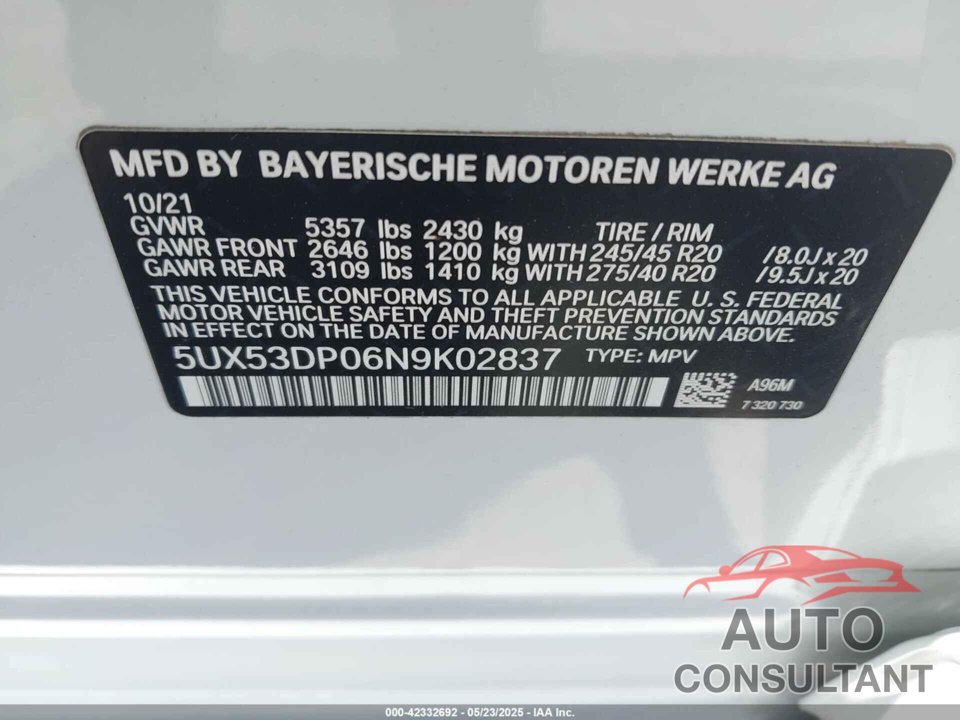 BMW X3 2022 - 5UX53DP06N9K02837