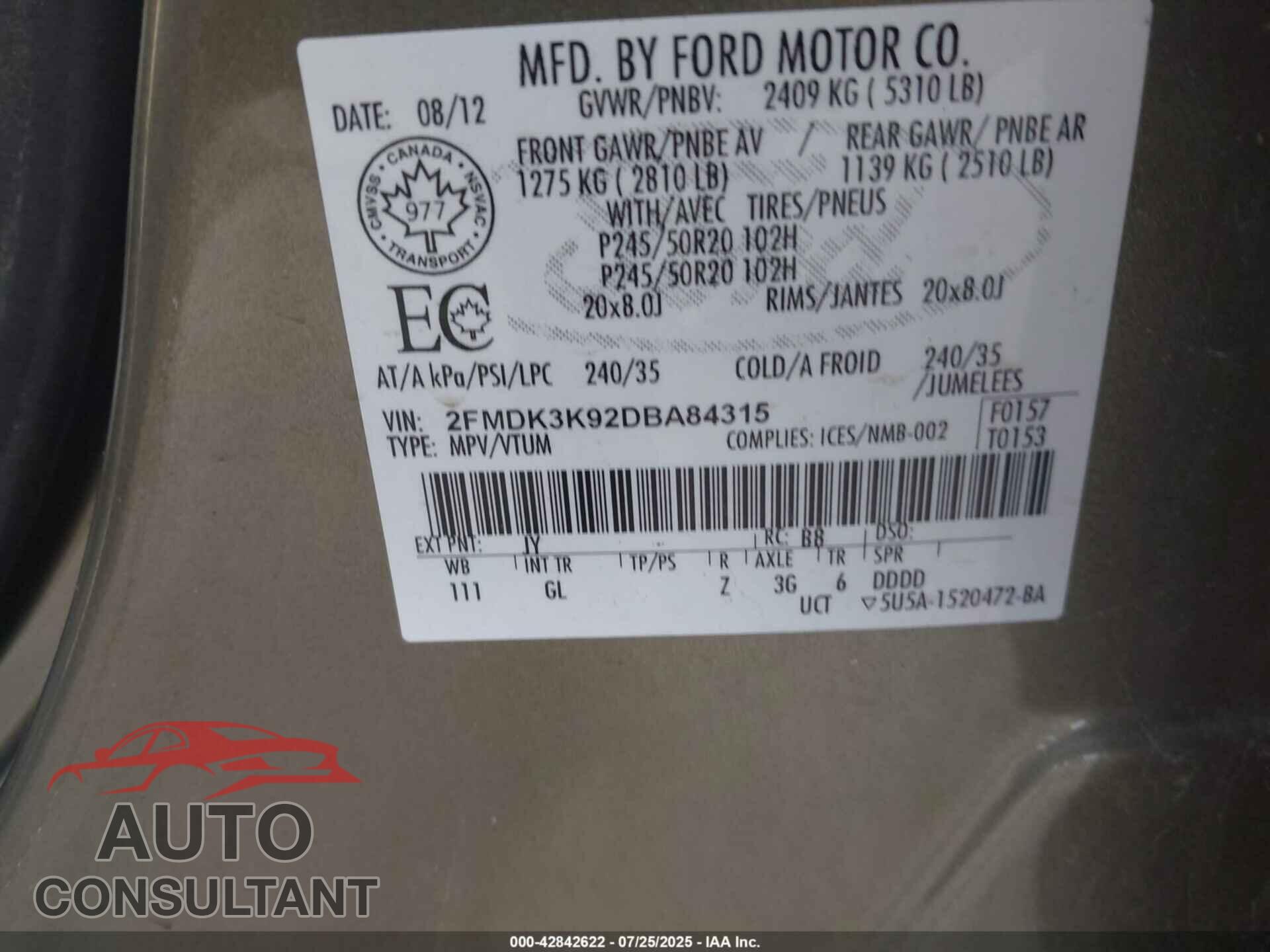FORD EDGE 2013 - 2FMDK3K92DBA84315