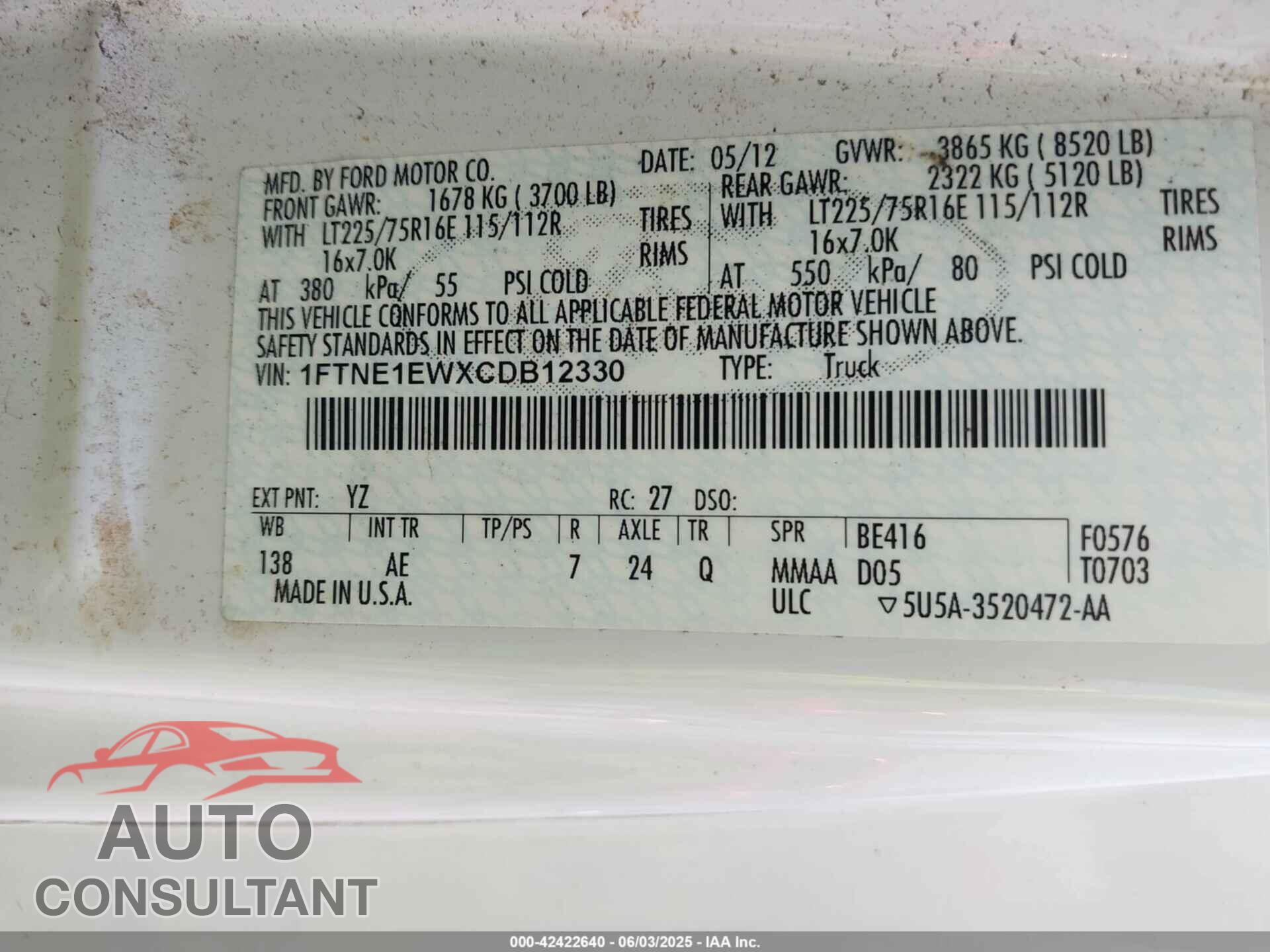 FORD E-150 2012 - 1FTNE1EWXCDB12330