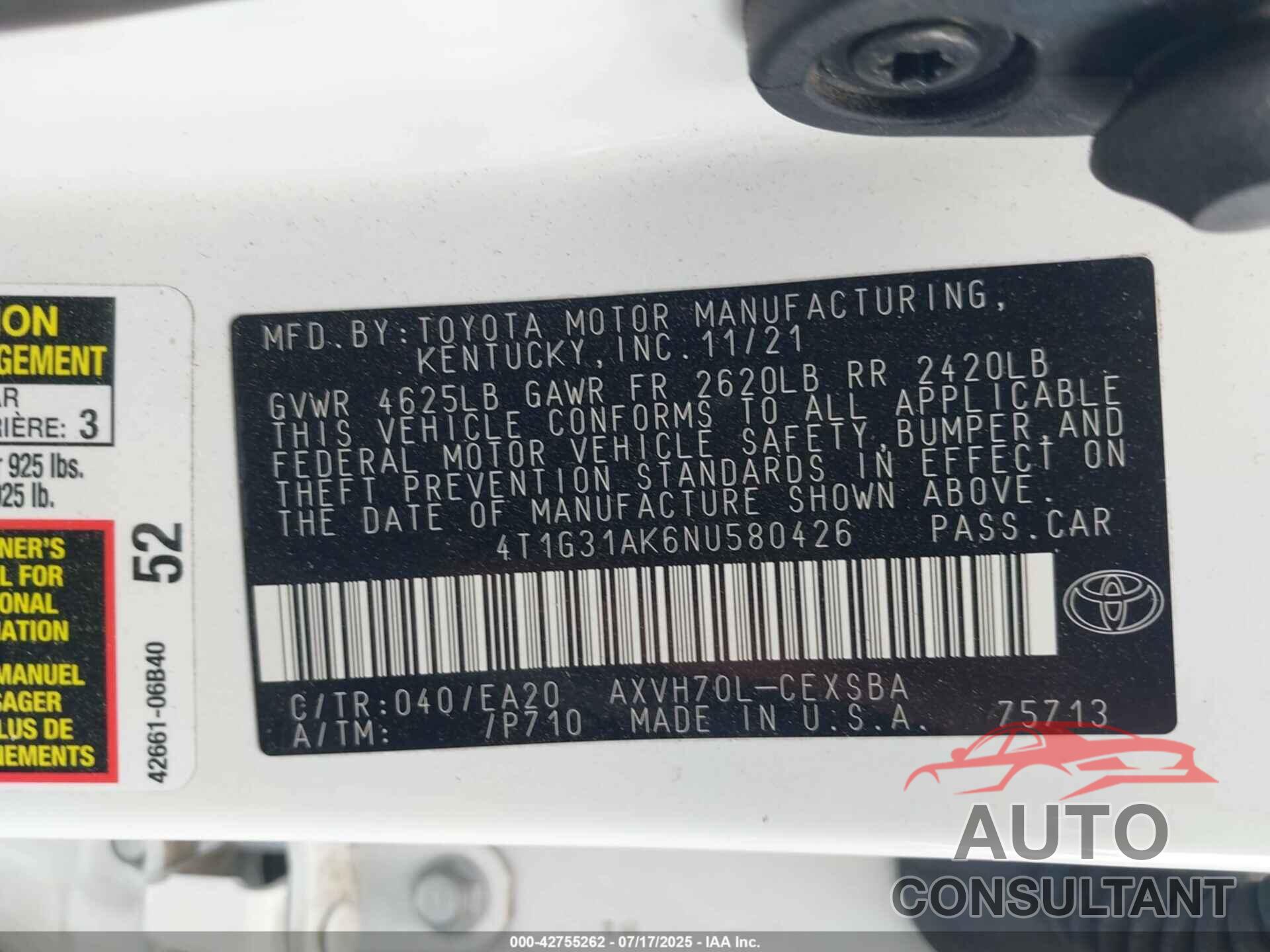 TOYOTA CAMRY 2022 - 4T1G31AK6NU580426