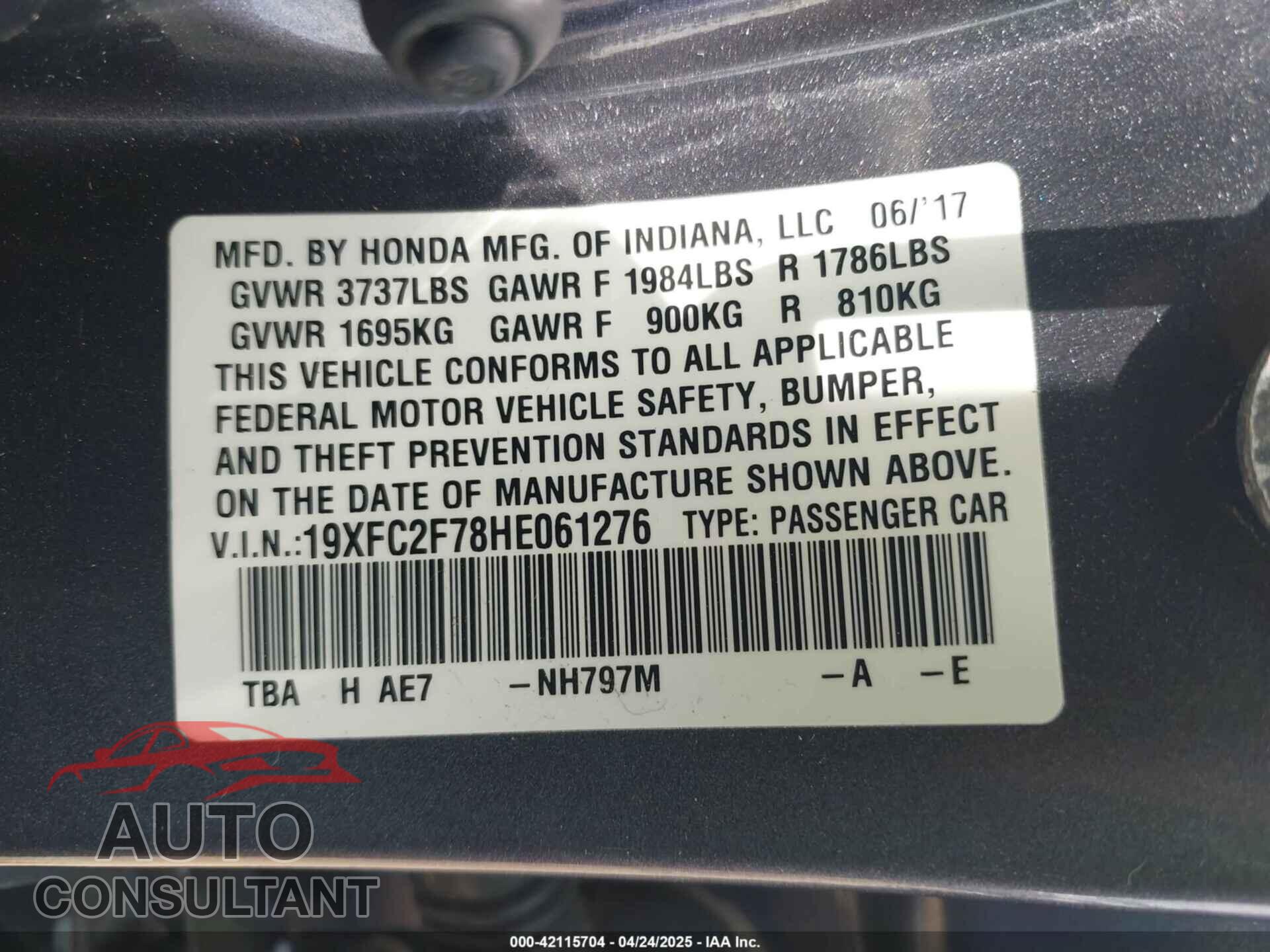 HONDA CIVIC 2017 - 19XFC2F78HE061276
