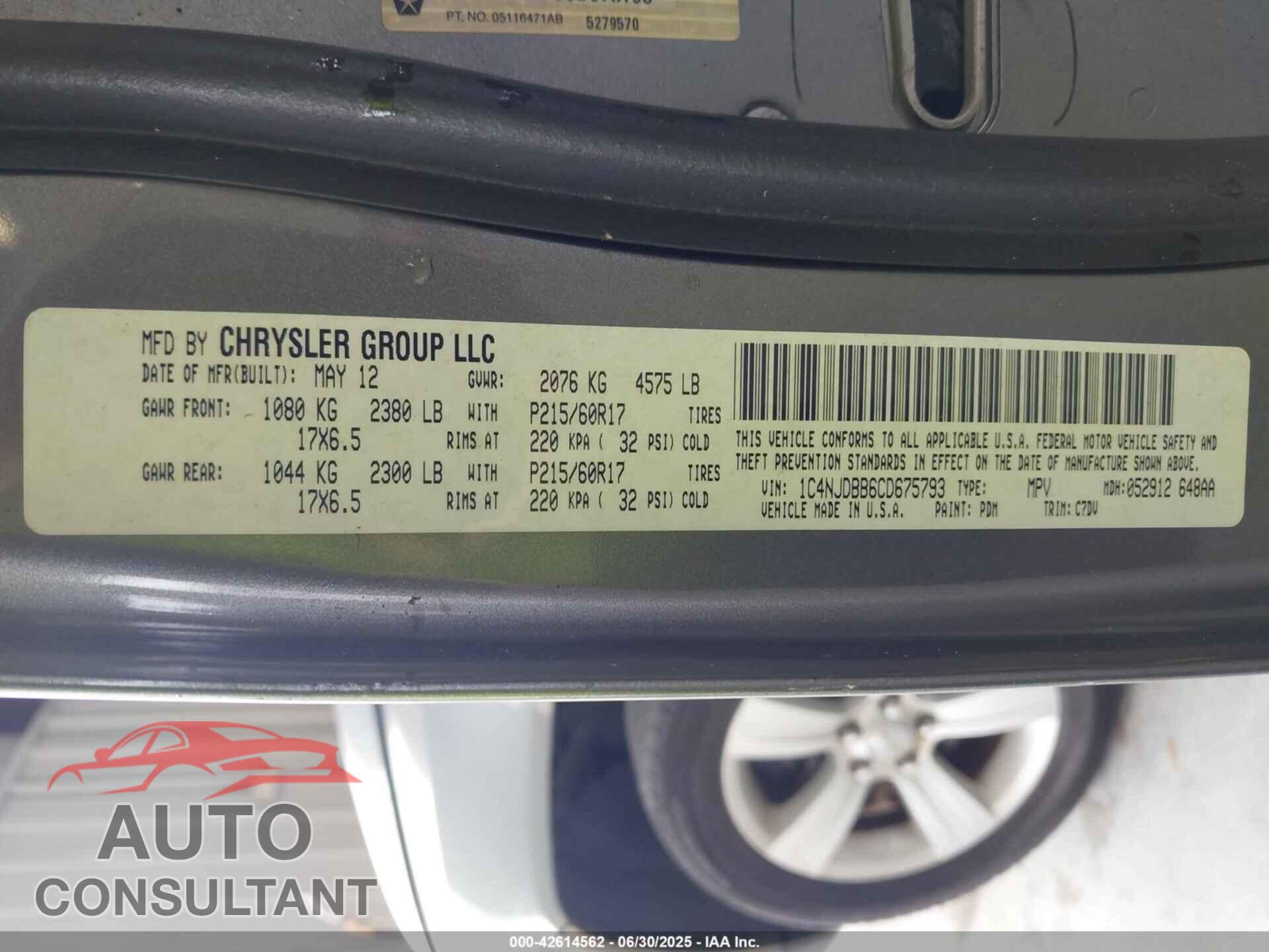 JEEP COMPASS 2012 - 1C4NJDBB6CD675793