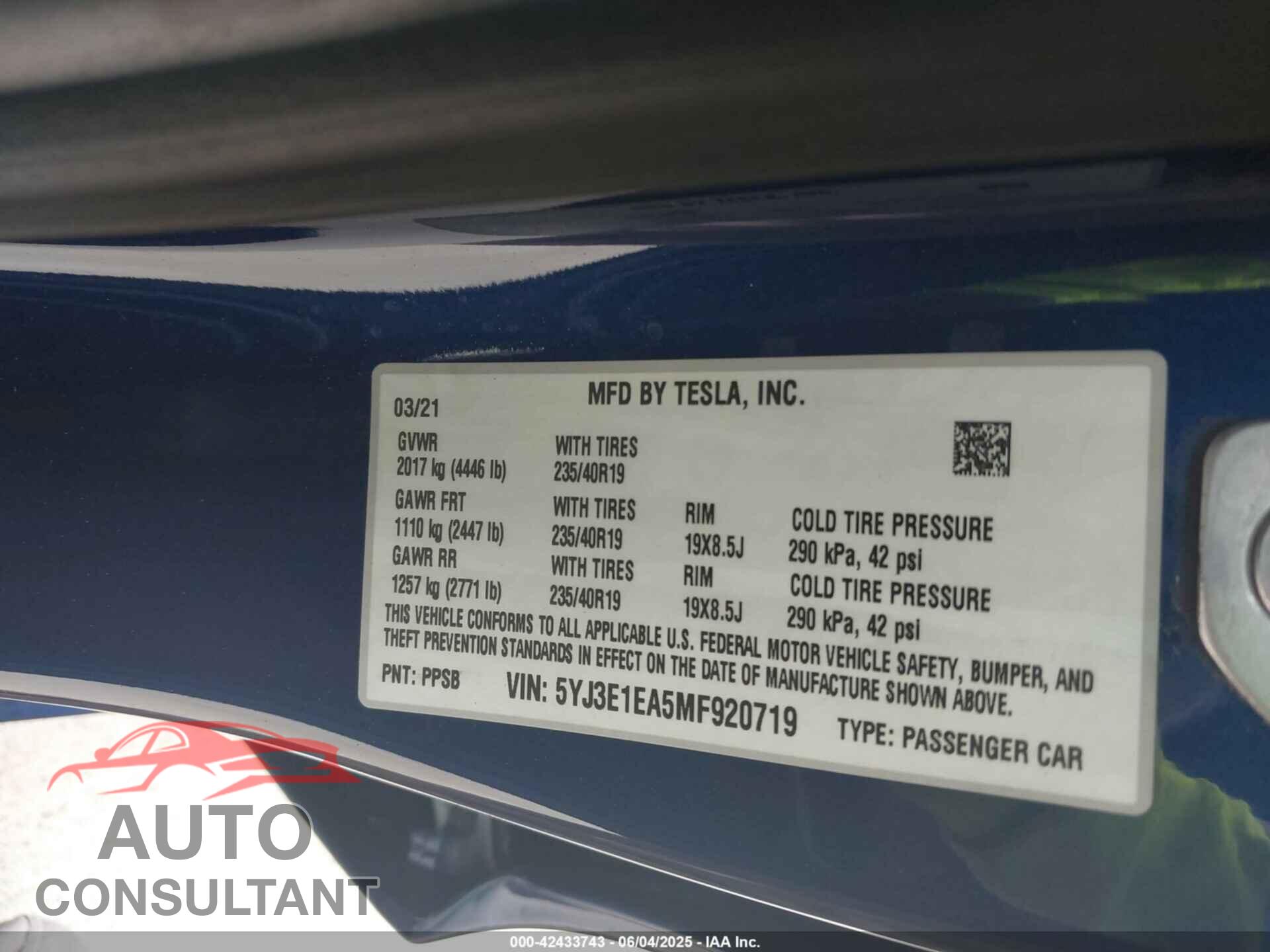 TESLA MODEL 3 2021 - 5YJ3E1EA5MF920719
