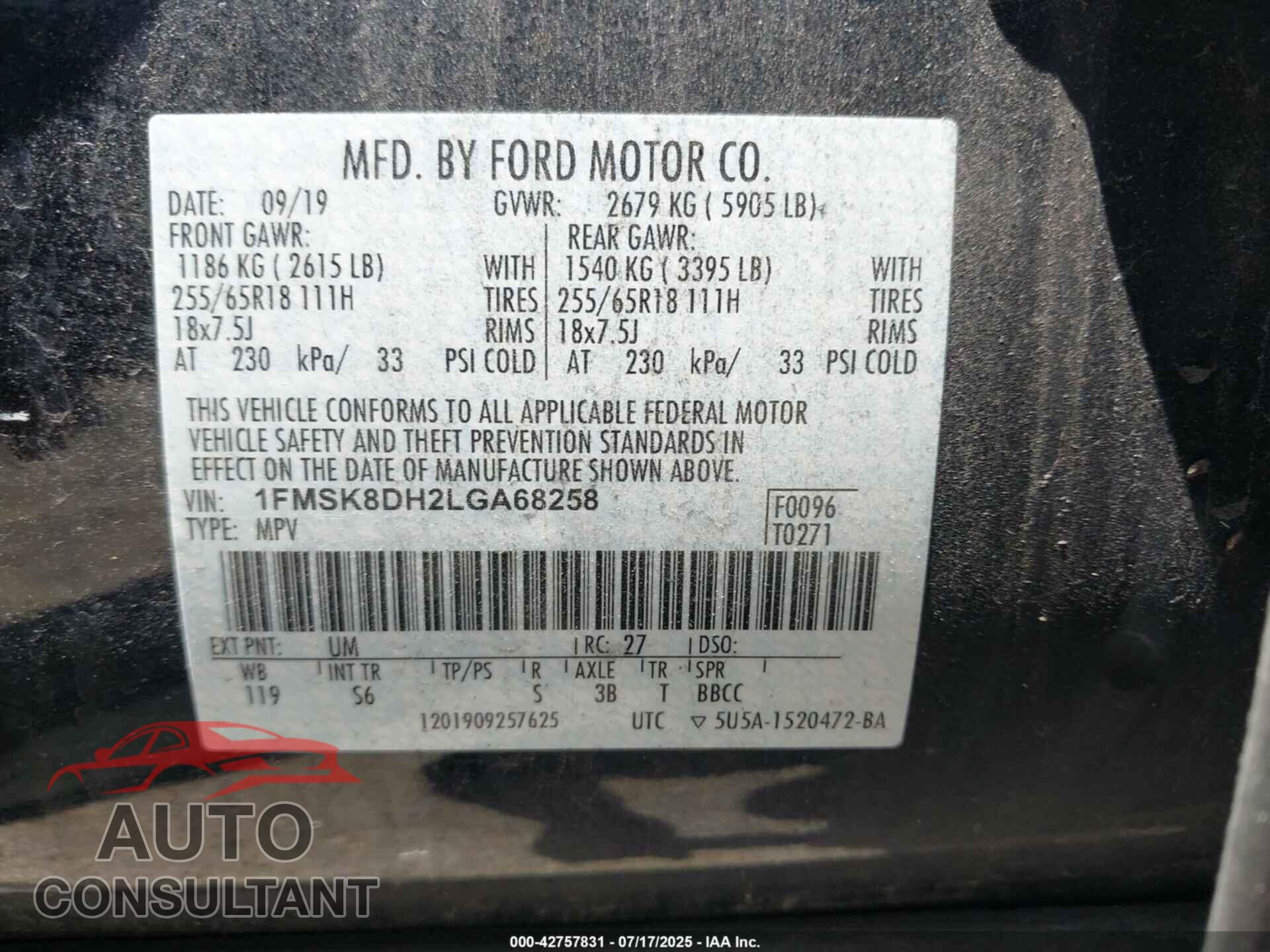 FORD EXPLORER 2020 - 1FMSK8DH2LGA68258