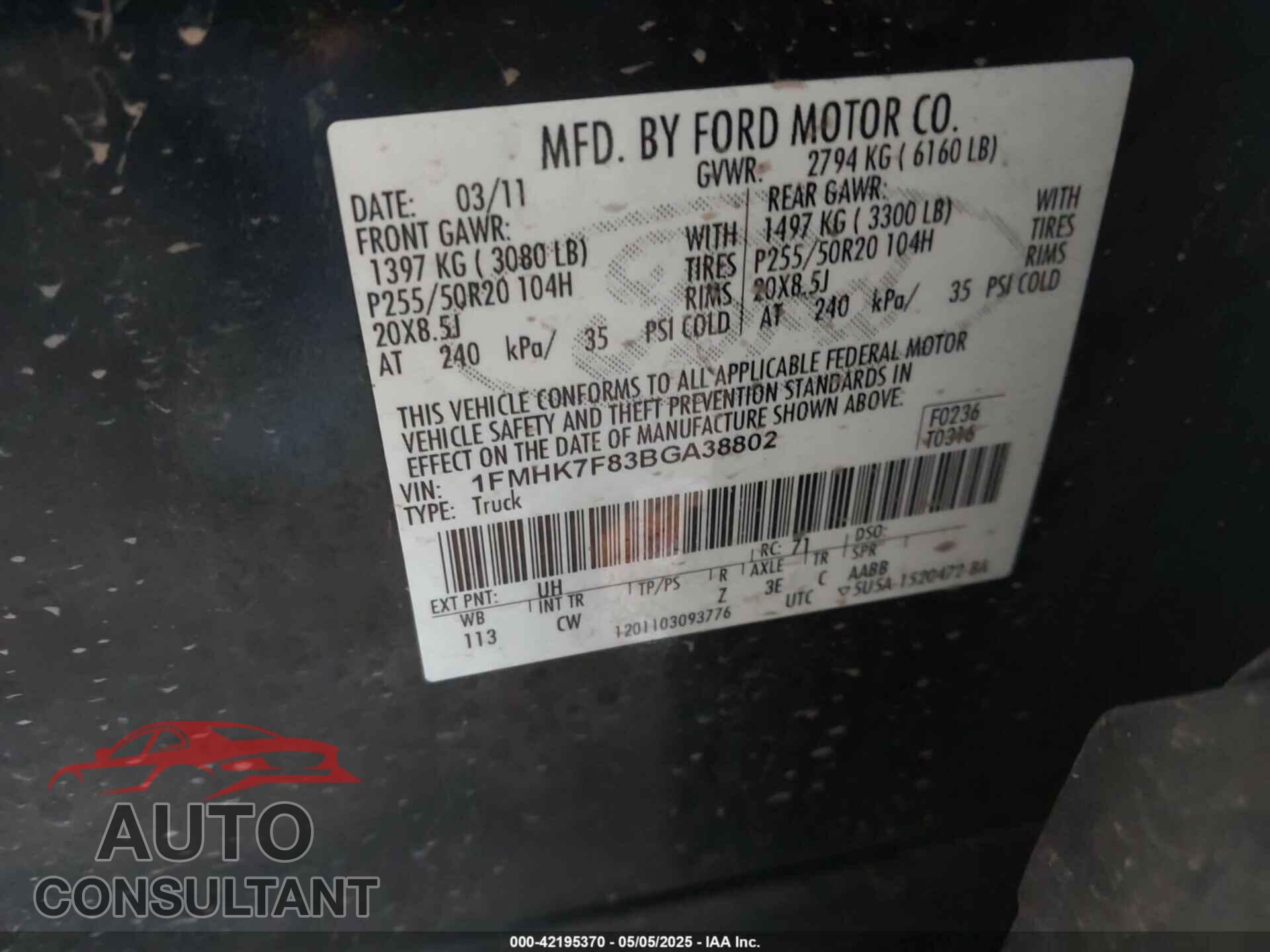 FORD EXPLORER 2011 - 1FMHK7F83BGA38802