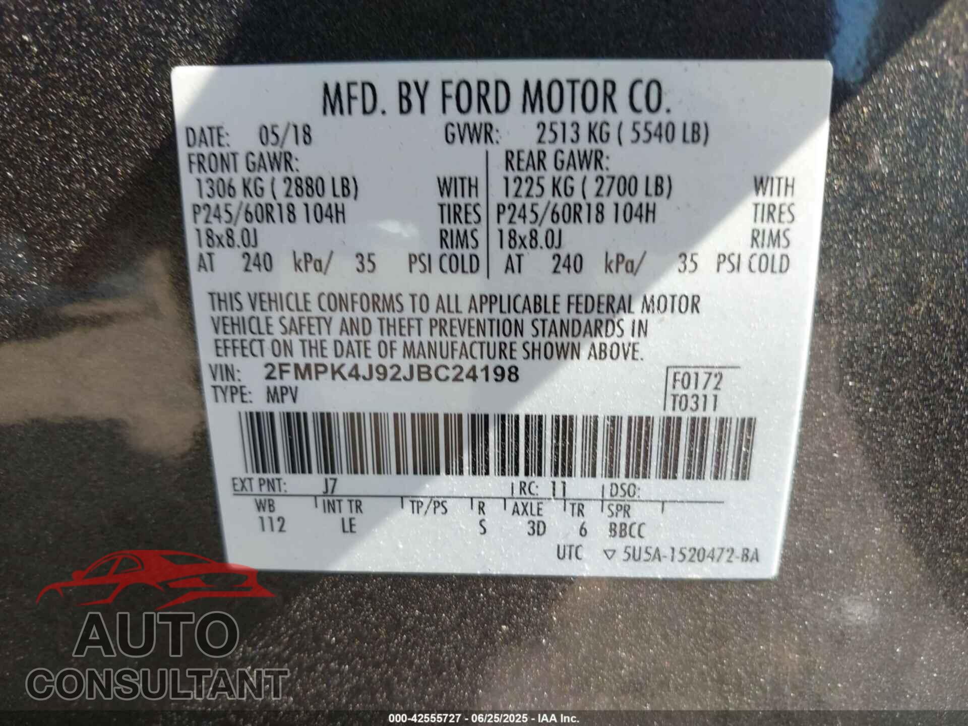 FORD EDGE 2018 - 2FMPK4J92JBC24198
