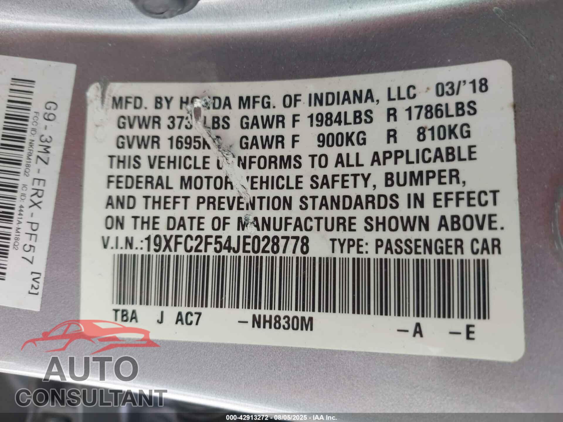 HONDA CIVIC 2018 - 19XFC2F54JE028778