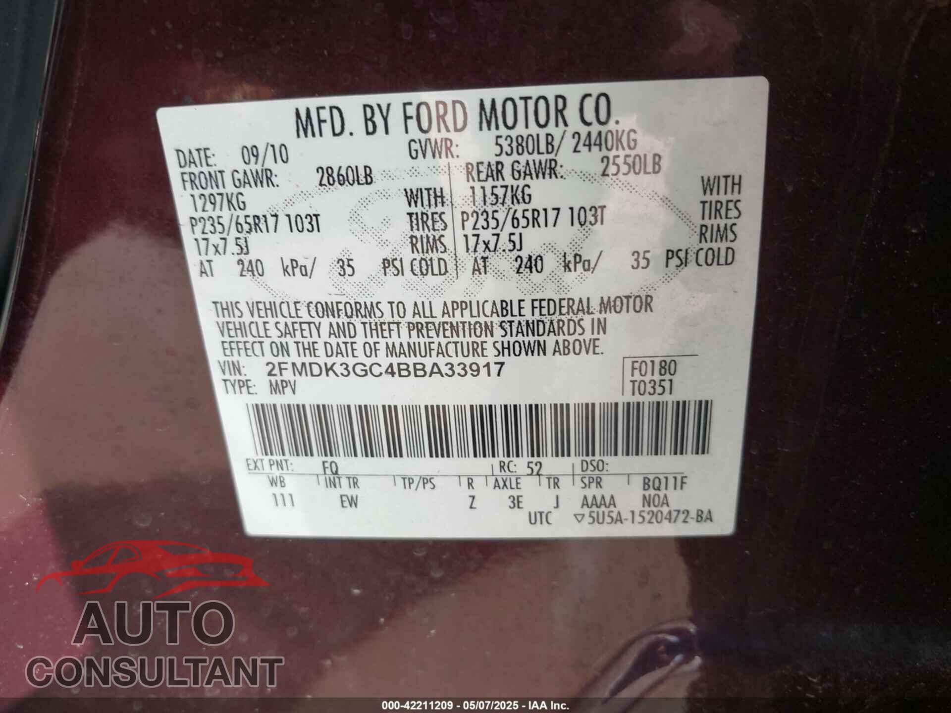 FORD EDGE 2011 - 2FMDK3GC4BBA33917