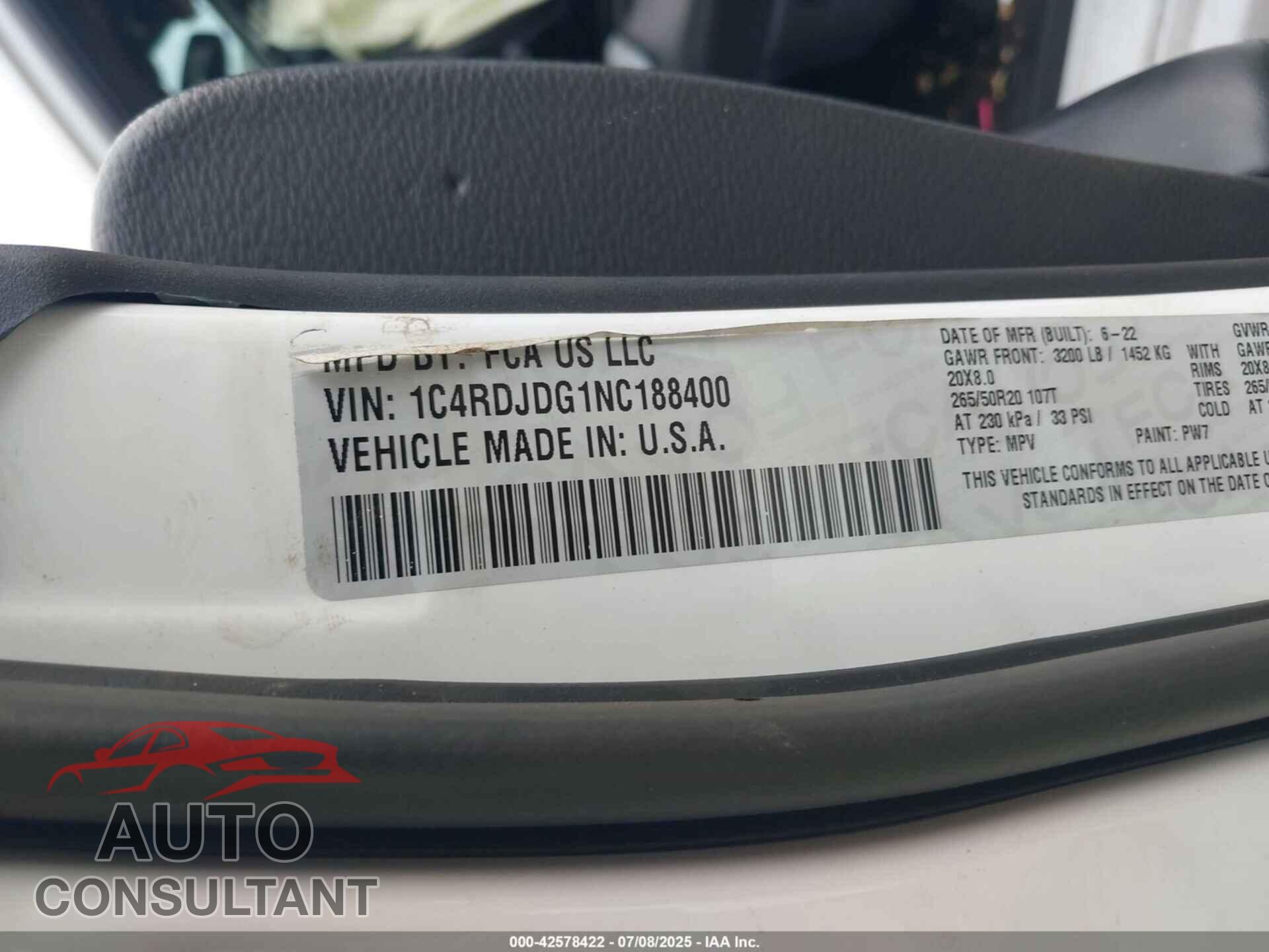 DODGE DURANGO 2022 - 1C4RDJDG1NC188400